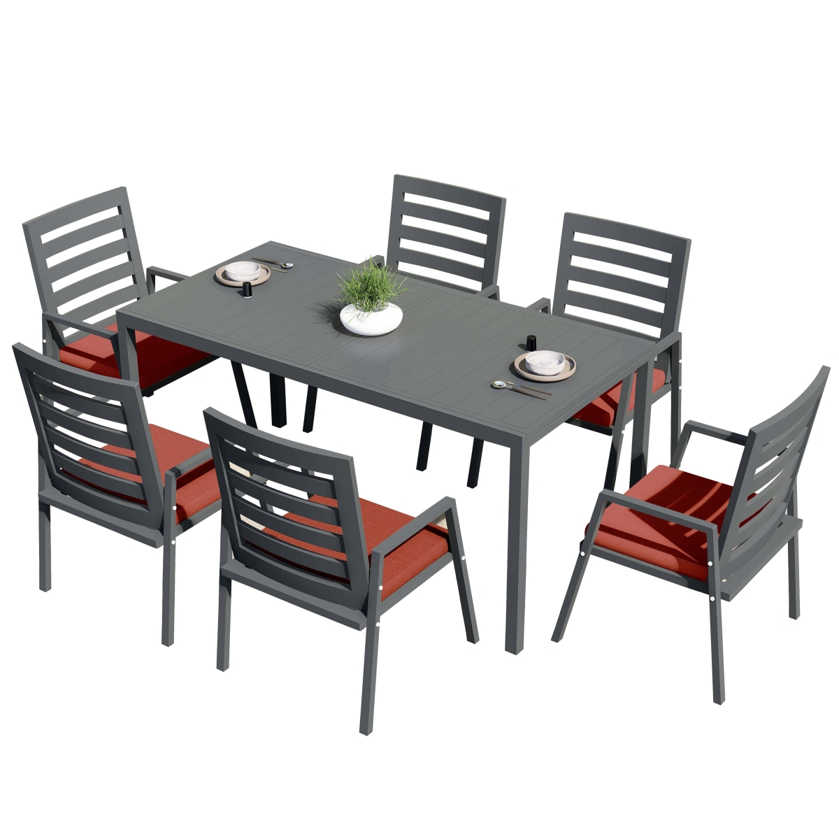 CC20BL-CHR6-MDT78BL Chelsea Patio Dining Set 78-118 in. Wide Rectangular Extendable Aluminum Dining Table & 6 Dining Armchair in Cherry Red - 7 Piece