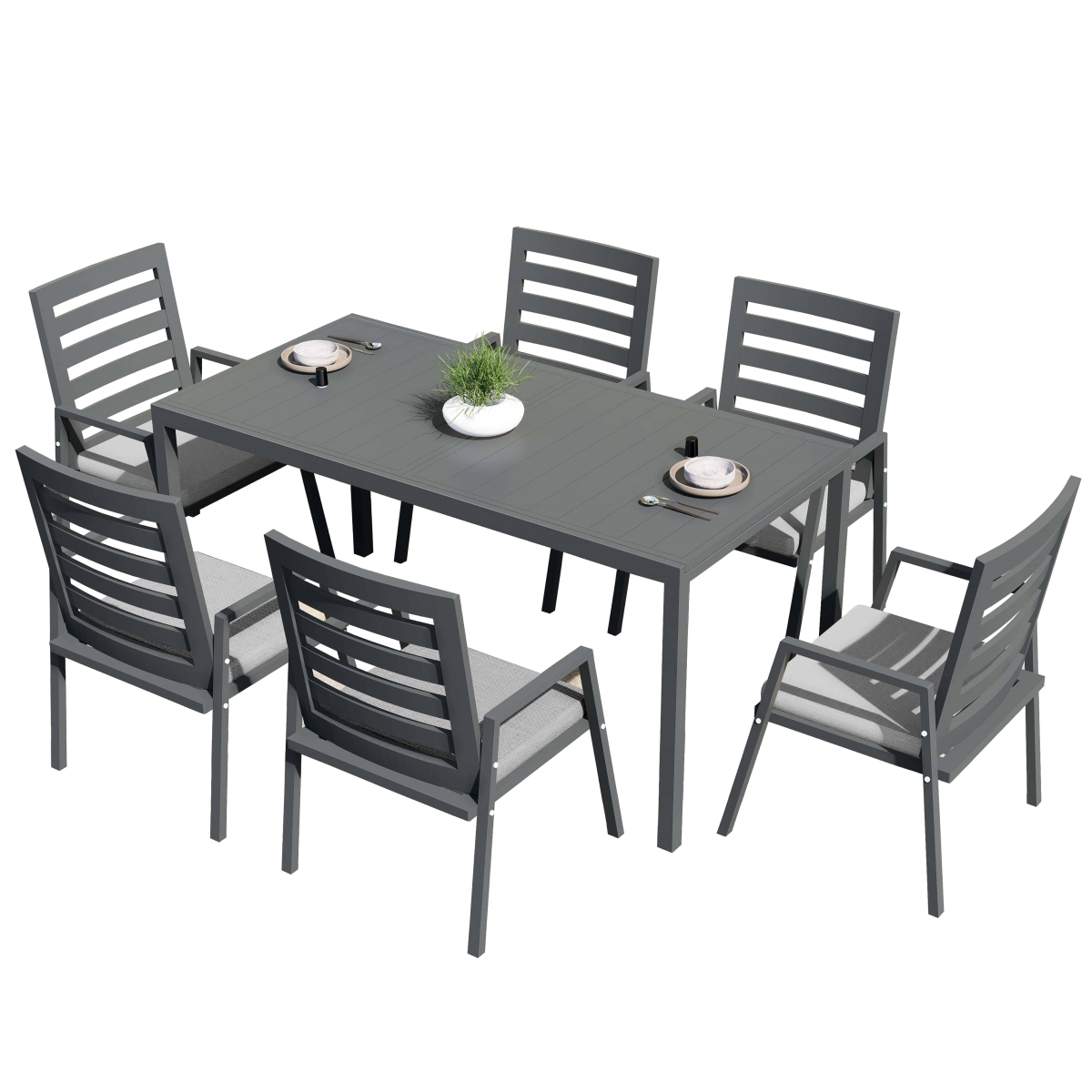 CC20BL-LGR6-MDT78BL Chelsea Patio Dining Set 78-118 in. Wide Rectangular Extendable Aluminum Dining Table & 6 Dining Armchair in Light Gray - 7 Piece