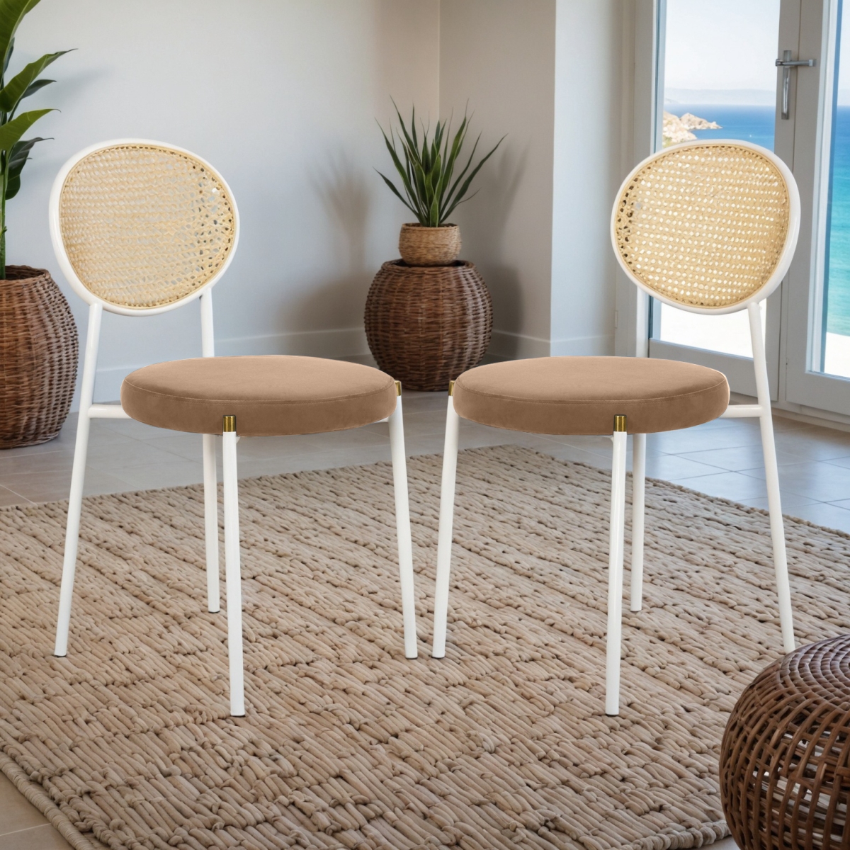Euston Velvet Dining Chair with Woven Rattan Backrest & Stainless Frame, 2PK