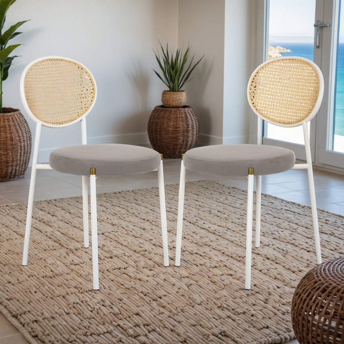 Euston Velvet Dining Chair with Woven Rattan Backrest & Stainless Frame, 2PK