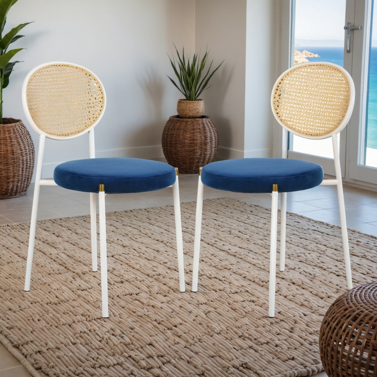 Euston Velvet Dining Chair with Woven Rattan Backrest & Stainless Frame, 2PK