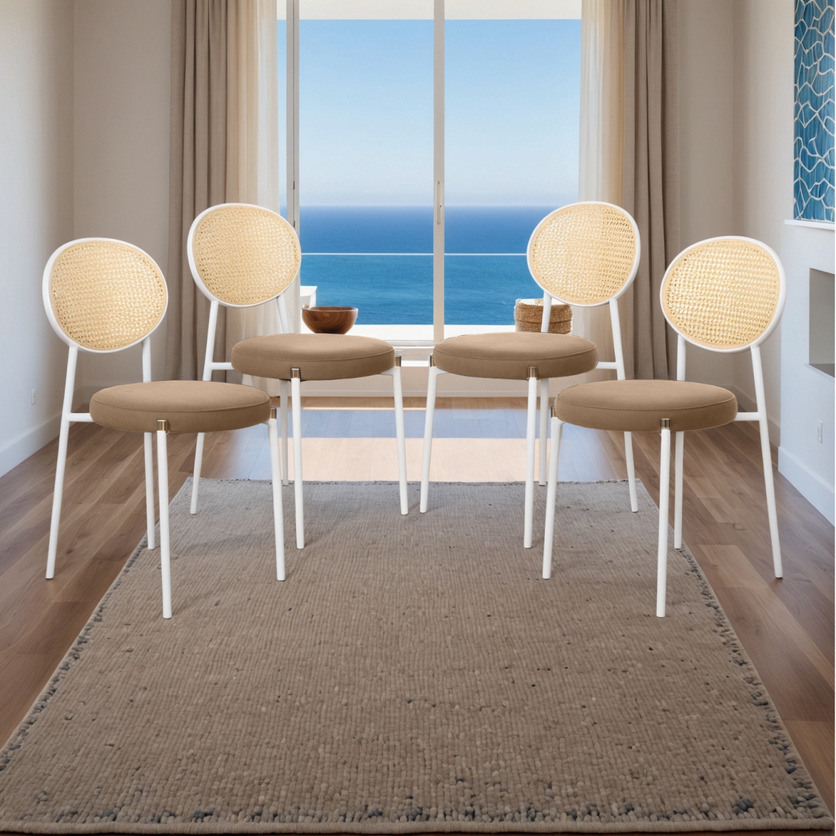 Euston Velvet Dining Chair with Woven Rattan Backrest & Stainless Frame, 4PK