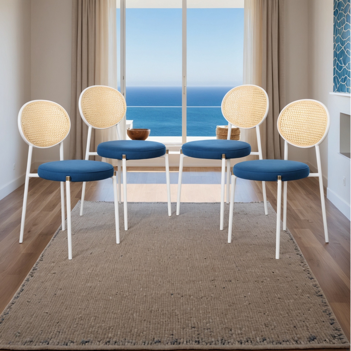 Euston Velvet Dining Chair with Woven Rattan Backrest & Stainless Frame, 4PK
