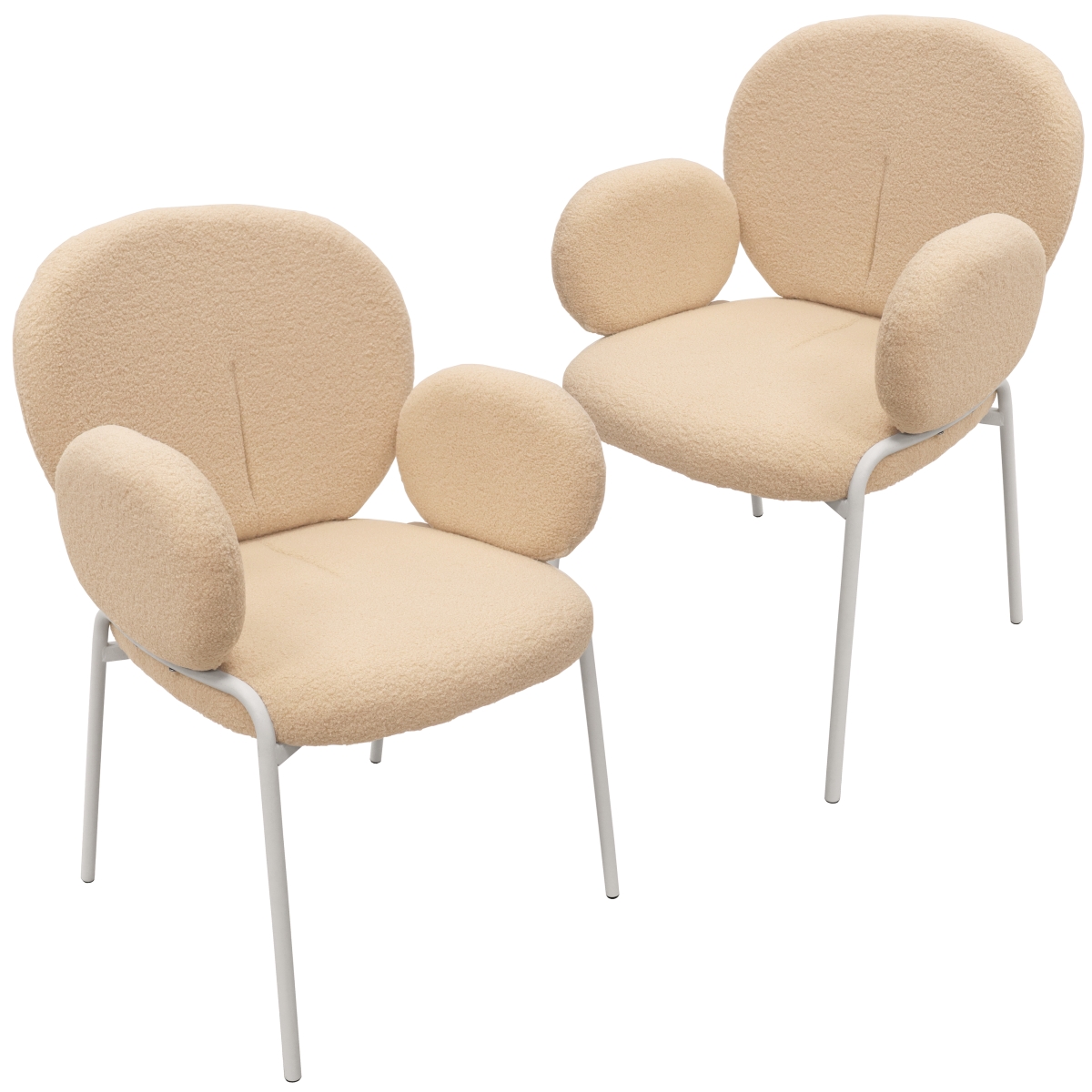 CCAW-23BG2 Celestial Series Boucle Dining Arm Chair, White Frame with Beige Fabric - Set of 2