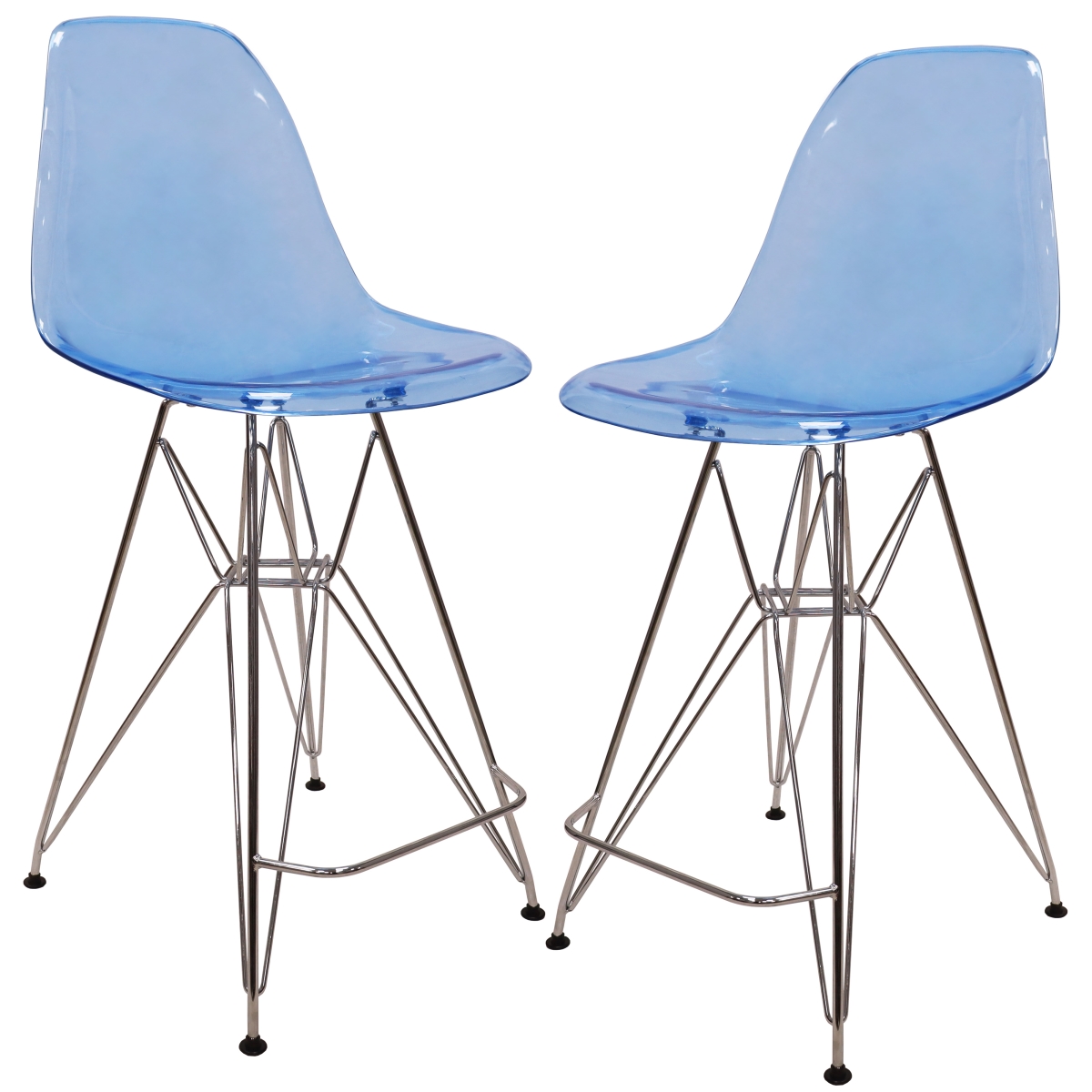 CB30TBU2 Cresco Modern Acrylic Barstool with Chrome Base & Footrest in Transparent Blue - Set of 2