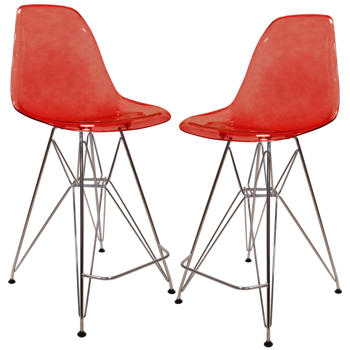 CB30TR2 Cresco Modern Acrylic Barstool with Chrome Base & Footrest in Transparent Red - Set of 2