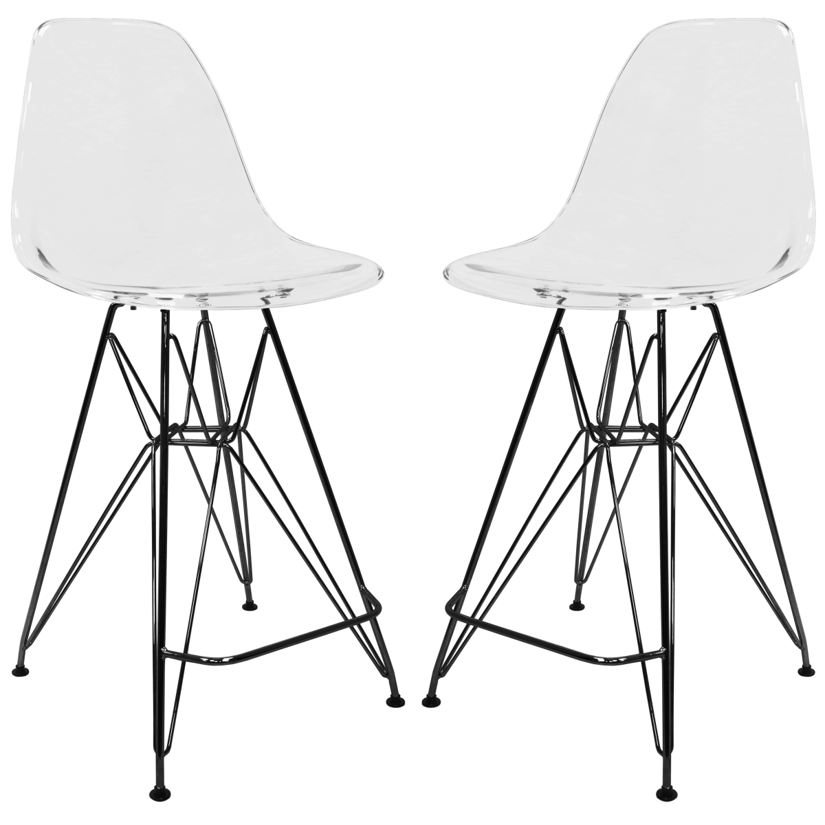 Cresco Acrylic Barstool - Modern ABS Plastic Counter Stool with Steel Legs & Footrest, 2PK