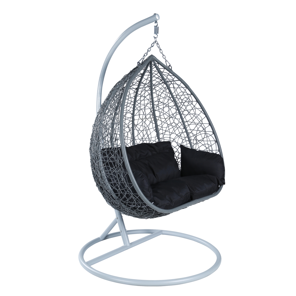 LeisureMod - Recluse Grey Wicker Teardrop Hanging Egg Chair, Modern Indoor Outdoor Swing with Stand & Quick-Dry Cushion - Jet Black