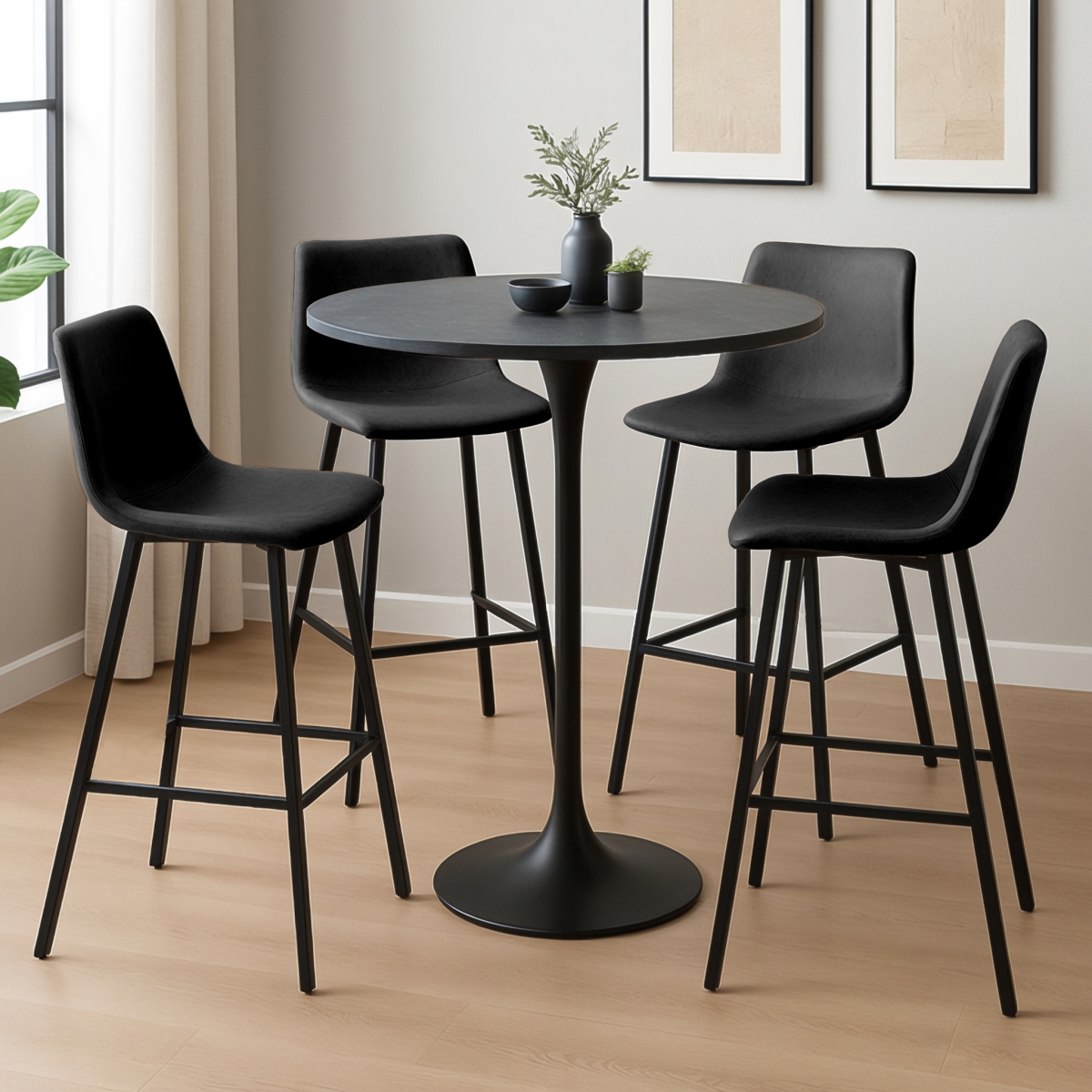 VT43BLM36-ES29BL4 Elland Bar Height Dining Set with 4 Barstools & 1 Bar Table in Charcoal Black - 5 Piece