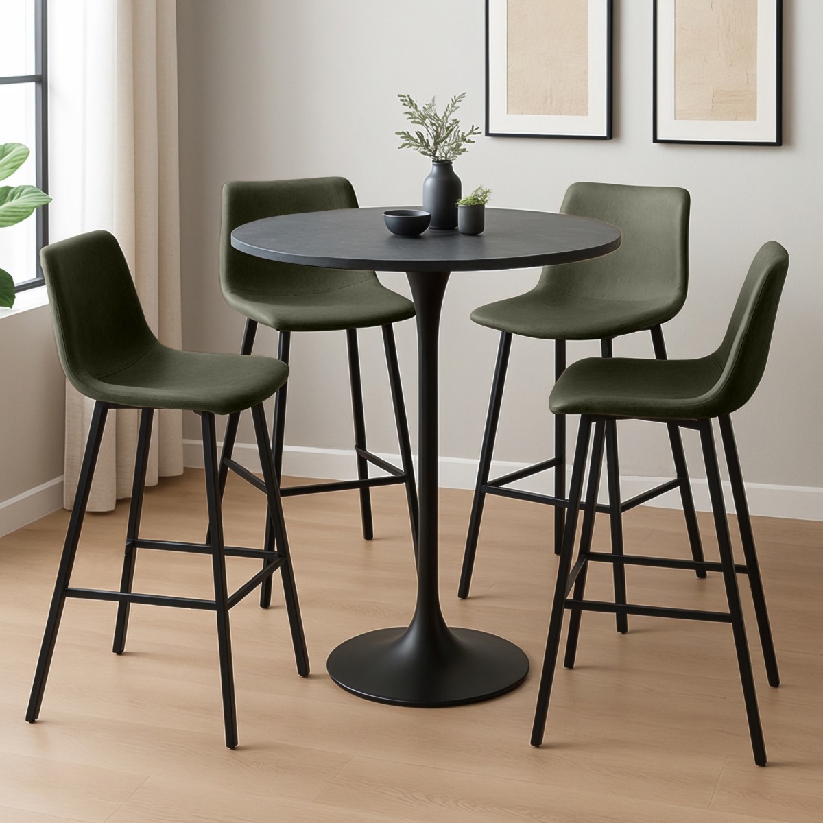 VT43BLM36-ES29G4 Elland Bar Height Dining Set with 4 Barstools & 1 Bar Table in Olive Green - 5 Piece
