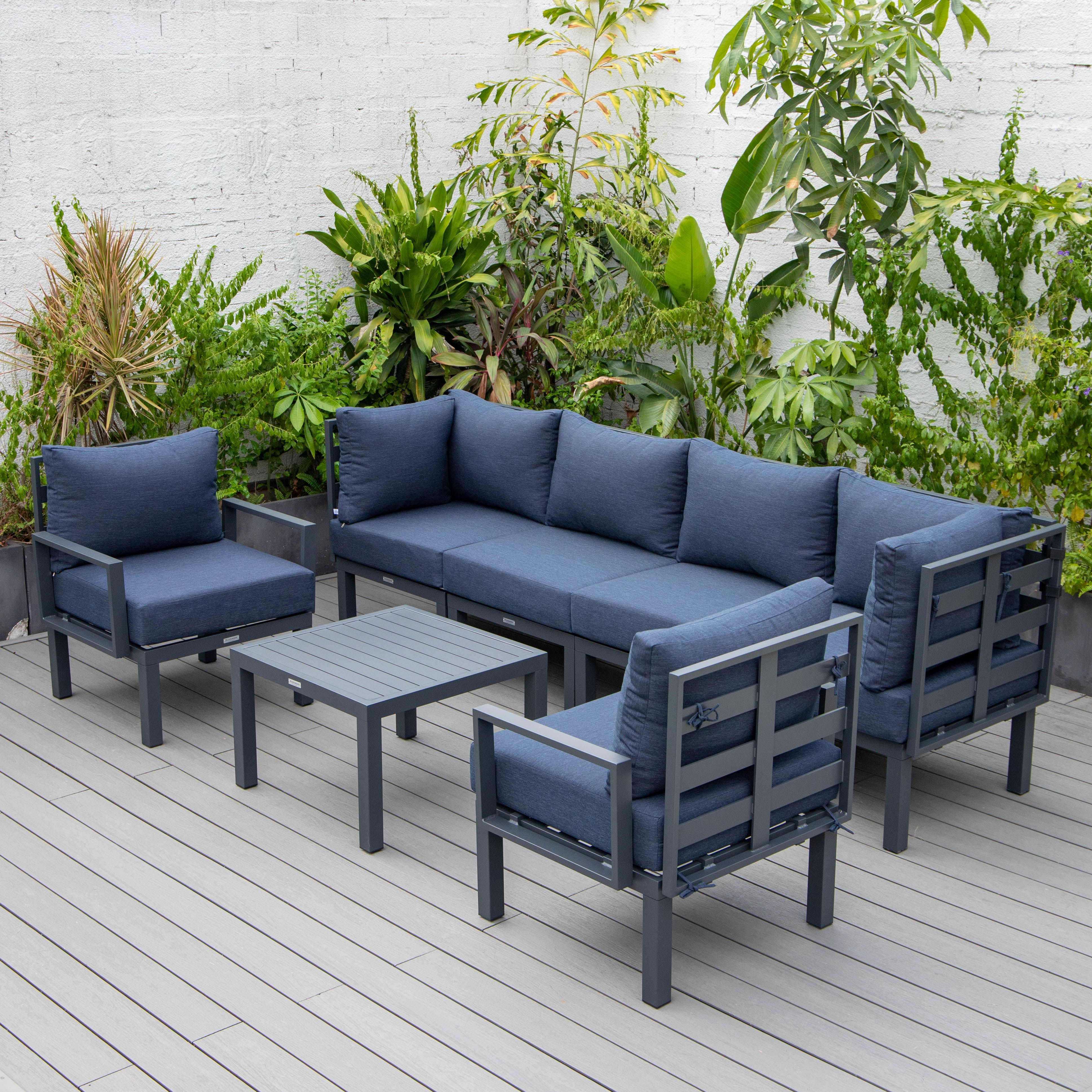 24.8 x 113.62 x 58.98 in. Chelsea 7 Piece Patio Sectional & Coffee Table Set with Black Aluminum Cushions, Blue -  KD Americana, KD2428467