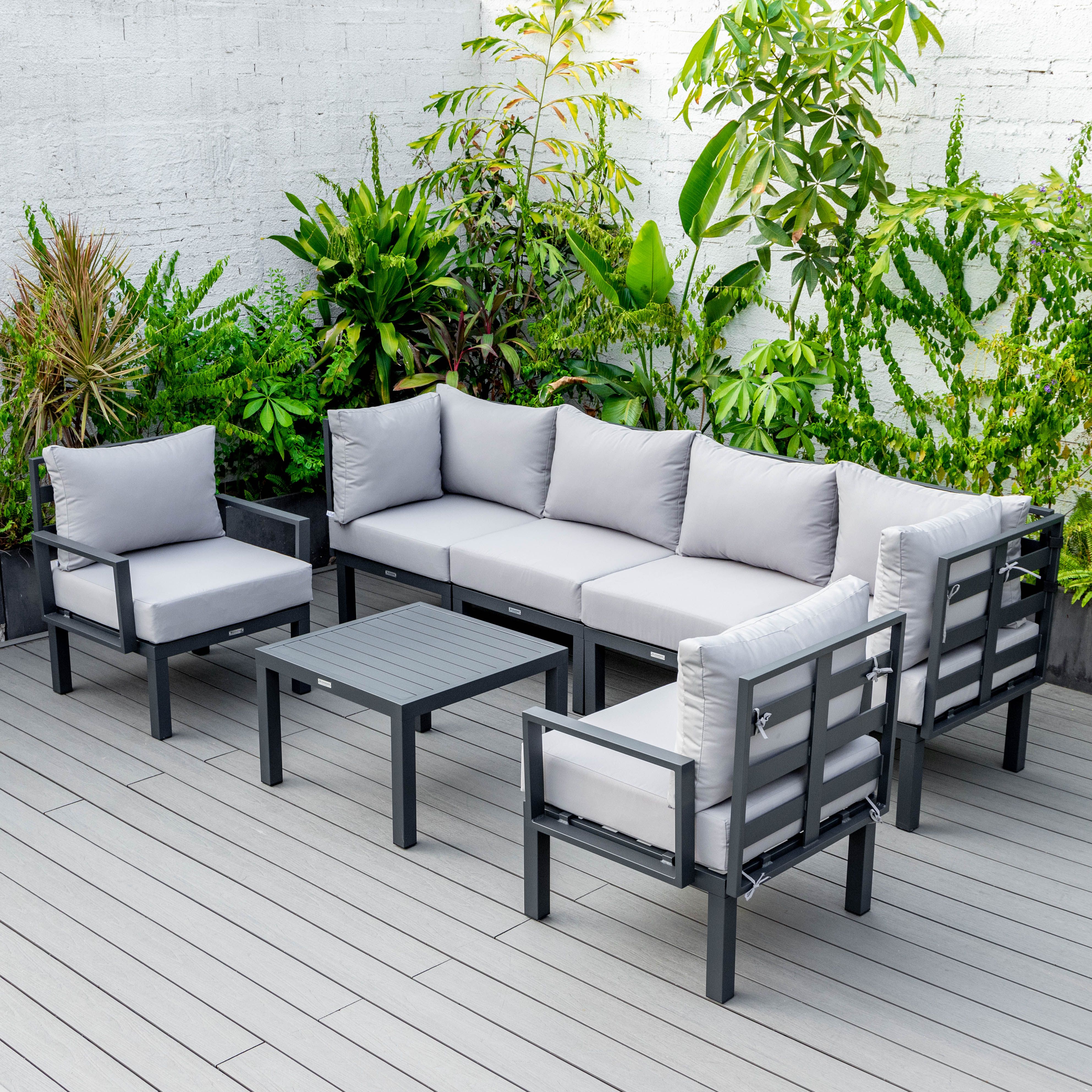 CSTBL-7LGR 24.8 x 113.62 x 58.98 in. Chelsea Patio Aluminum Sectional & Coffee Table Set with Cushion, Light Grey & Black - 7 Piece -  LeisureMod