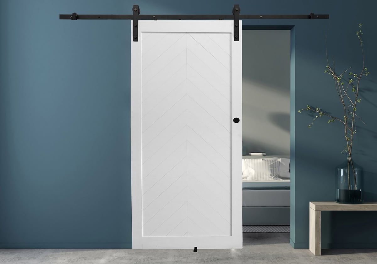 84 x 42 in. Chevron White PVC Barn Door with Installation Hardware Kit
