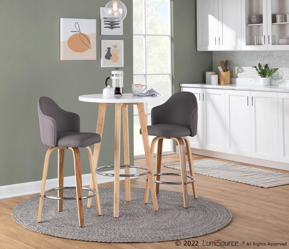 B26-AHOYUPGRT-R2 ZBGY2 Ahoy Mid Century Modern Fixed Height Counter Stool with Zebra Wood Legs & Round Chrome Footrest - Gray - Set of 2