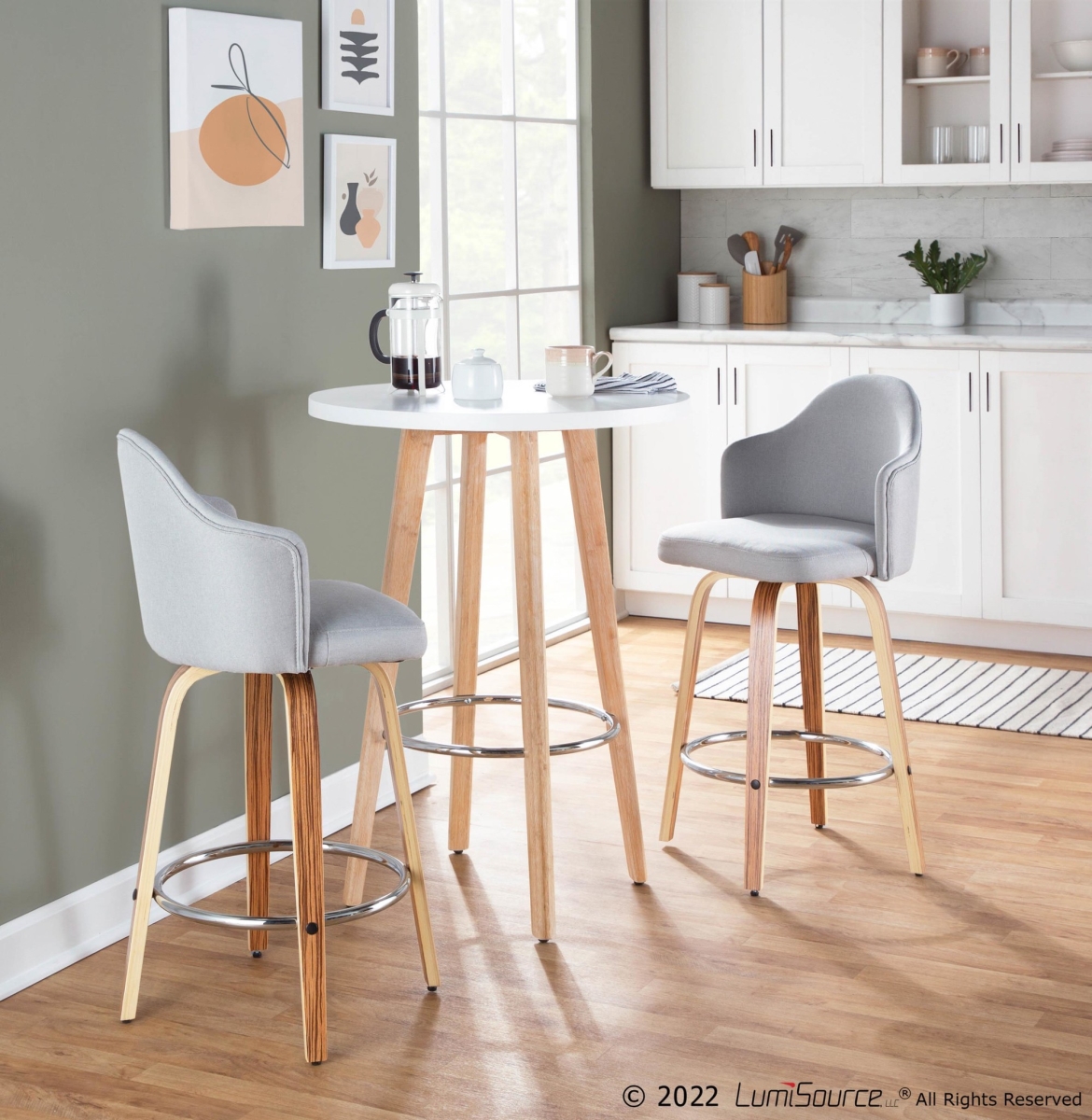 B26-AHOYUPGRT-R2 ZBLGY2 Ahoy Mid Century Modern Fixed Height Counter Stool with Zebra Wood Legs & Round Chrome Footrest - Light Gray - Set of 2