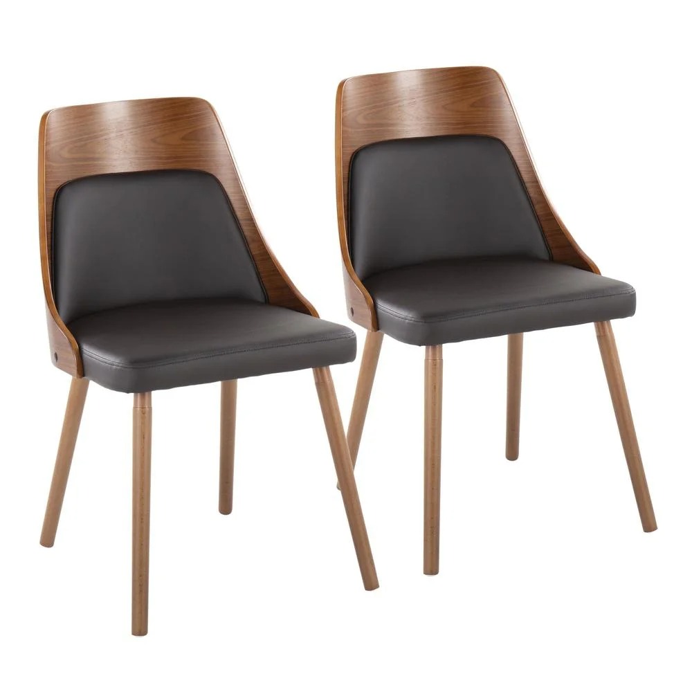 CH-ANBEL1 WLPUBN2 Anabelle Mid-Century Modern Faux Leather Chair, Walnut & Brown - Set of 2
