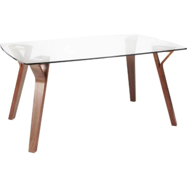 DT-6638FOLIA WLCL Folia Mid-Century Modern Dining Table in Walnut Wood with Clear Tempered Glass