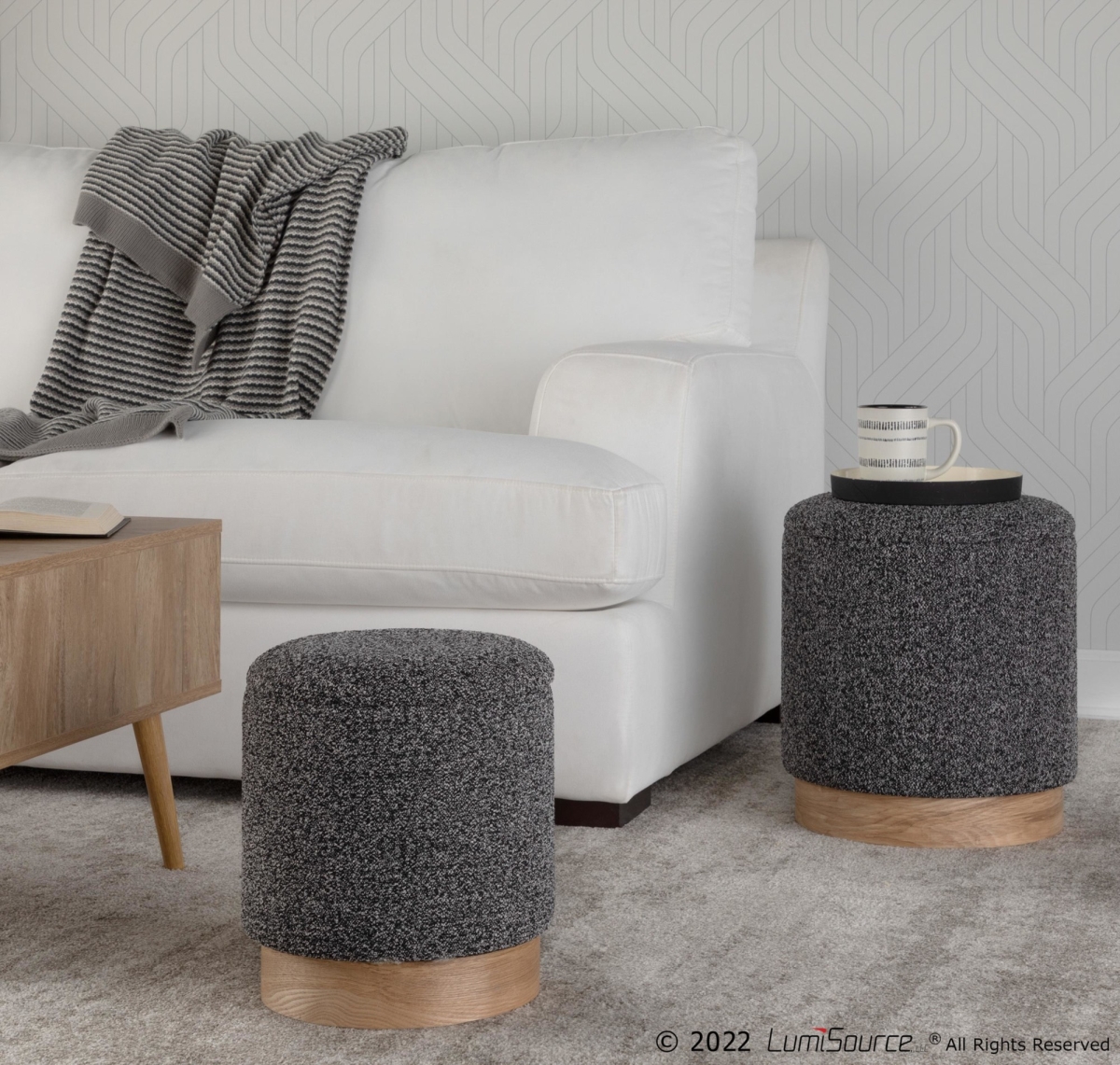 OT2-MARLATERRY NABK Marla Contemporary Fabric Nesting Ottoman Set - Natural & Black