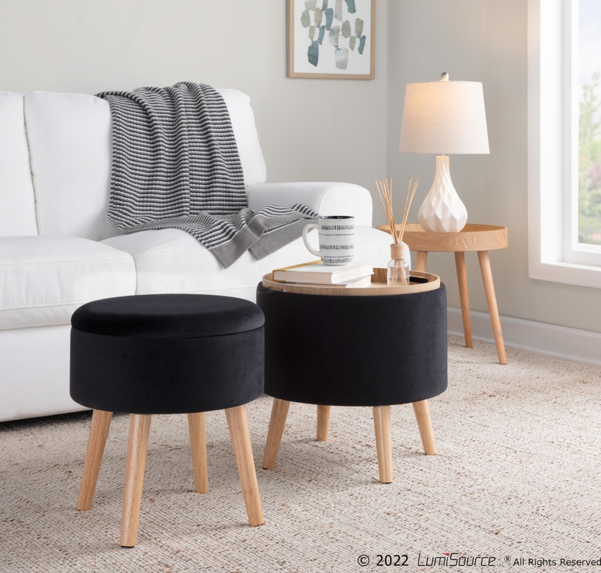 OT-STORNEST NAVBK Tray Contemporary Storage Ottoman with Matching Stool Legs - Black & Natural