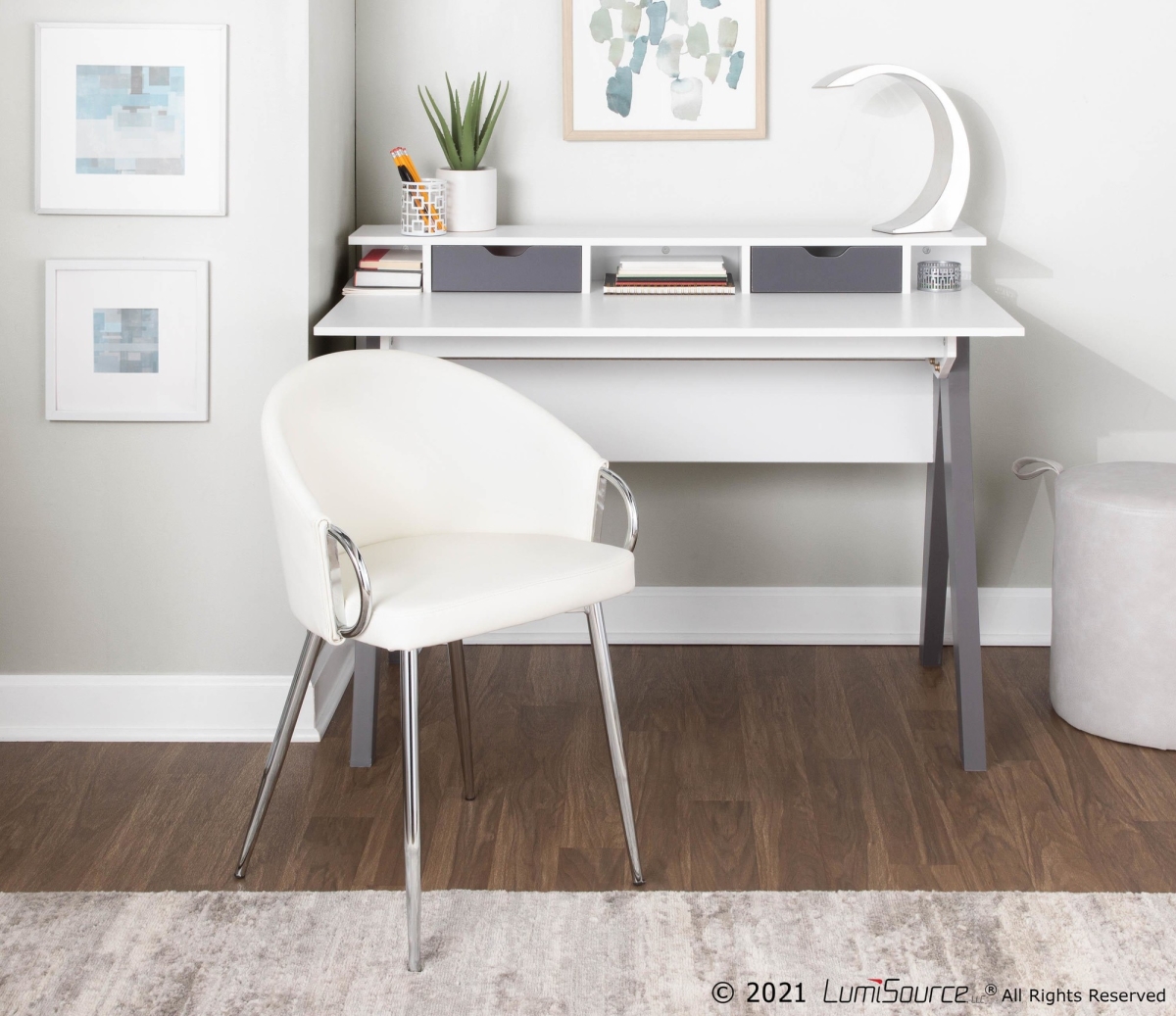 OFD-WISH GYW Wishbone Contemporary Desk, Gray & White