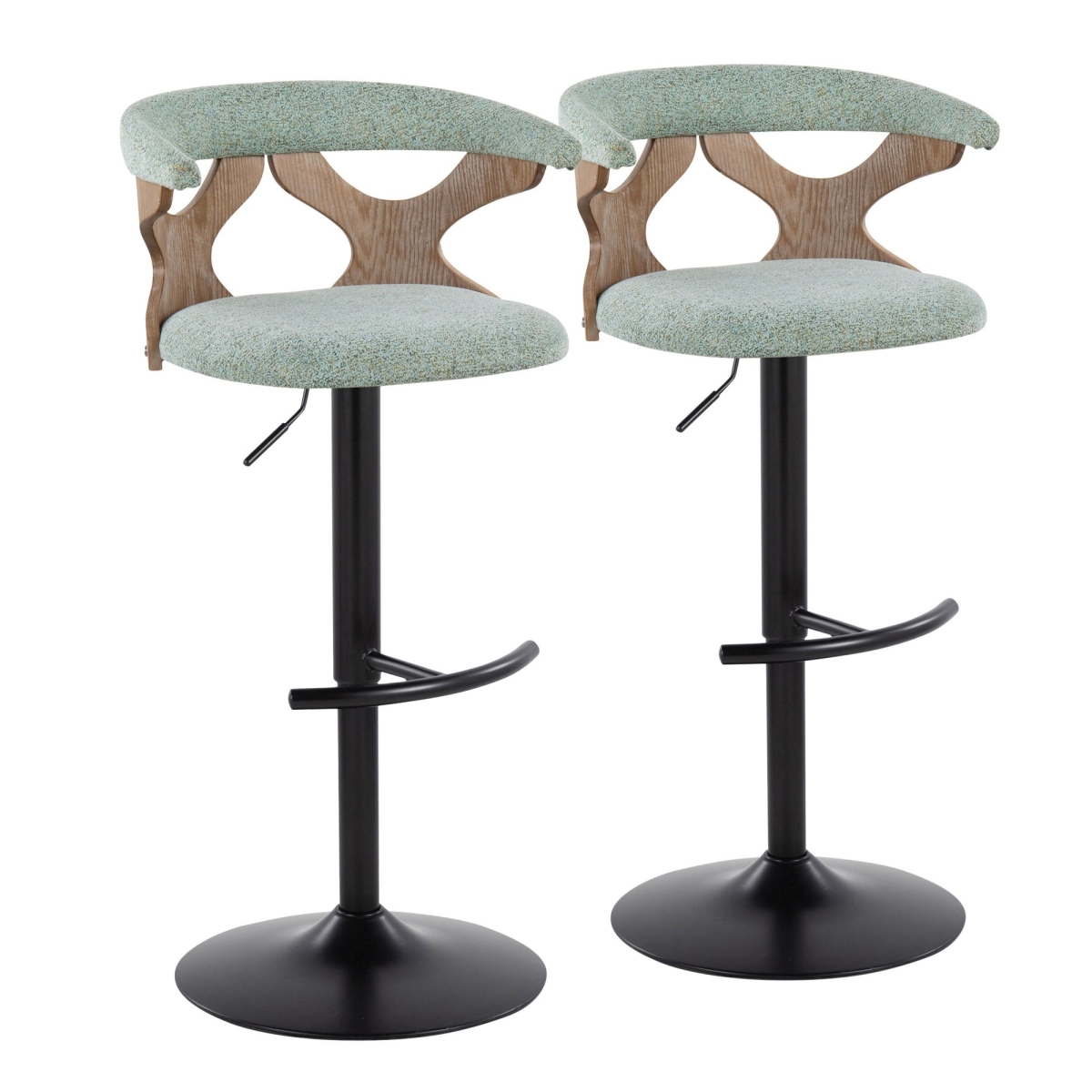 Gardenia Contemporary Adjustable Barstool with Swivel in Whitewashed Wood, Black Metal & Seafoam Green Fabric with Rounded T Footrest - Set of 2