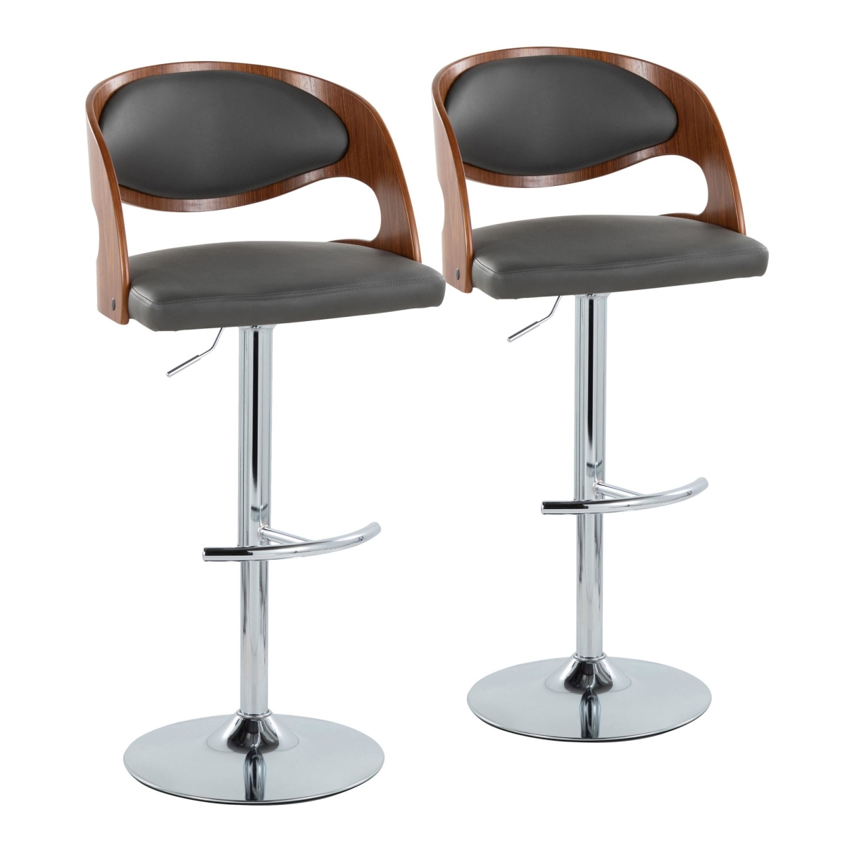 Pino Mid-Century Modern Adjustable Barstool with Swivel in Chrome Metal, Walnut Wood & Grey PU Leather with Rounded T Footrest - Set of 2