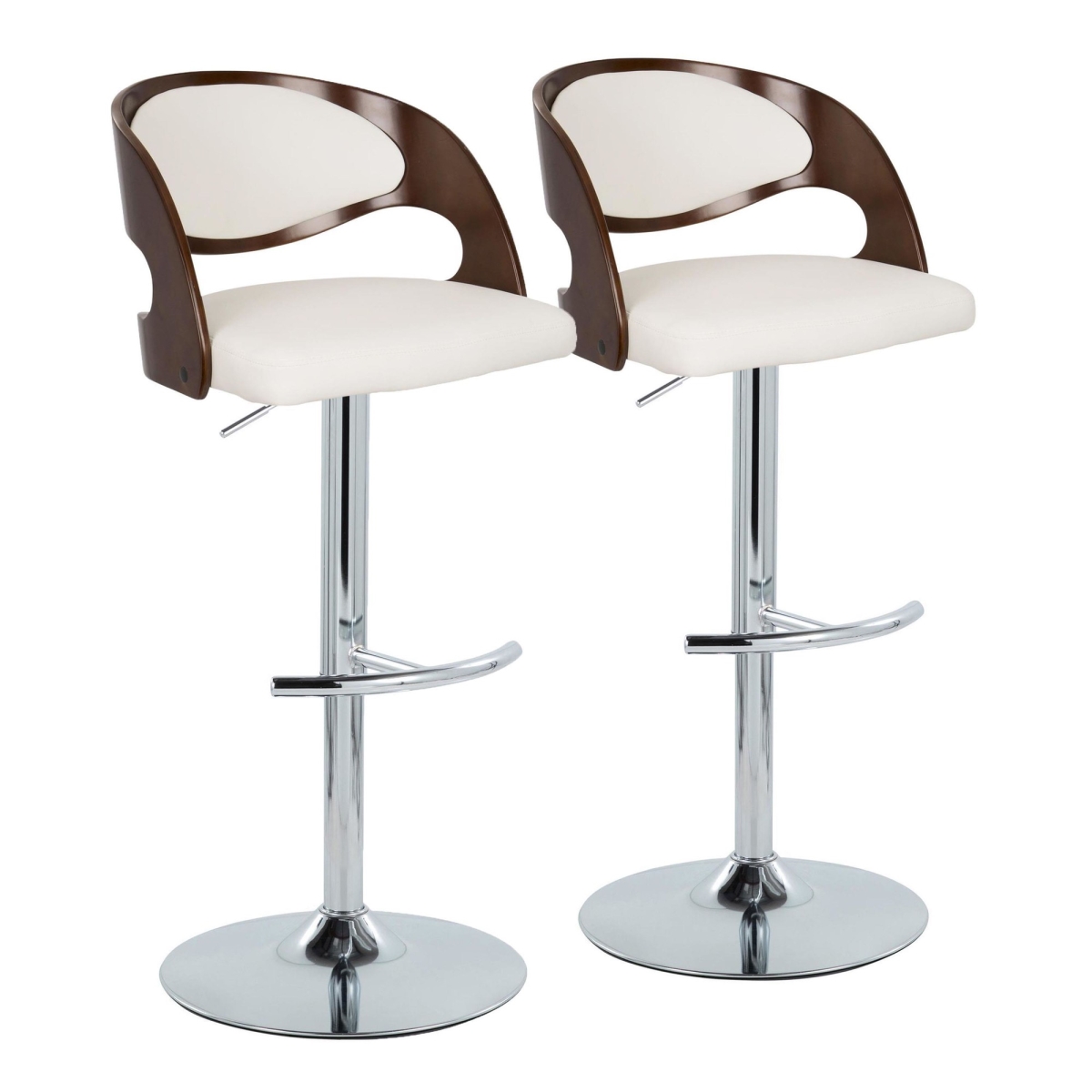 Pino Mid-Century Modern Adjustable Barstool with Swivel in Chrome Metal, Cherry Wood & White PU Leather with Rounded T Footrest - Set of 2