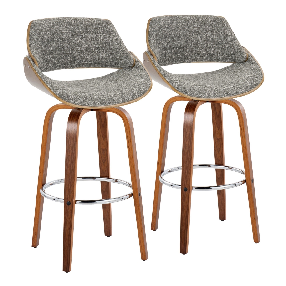 Fabrizzi 30 in. Mid-Century Modern Fixed-Height Barstool with Swivel in Walnut Wood & Noise Grey Fabric with Round Chrome Metal Footrest - Set of 2