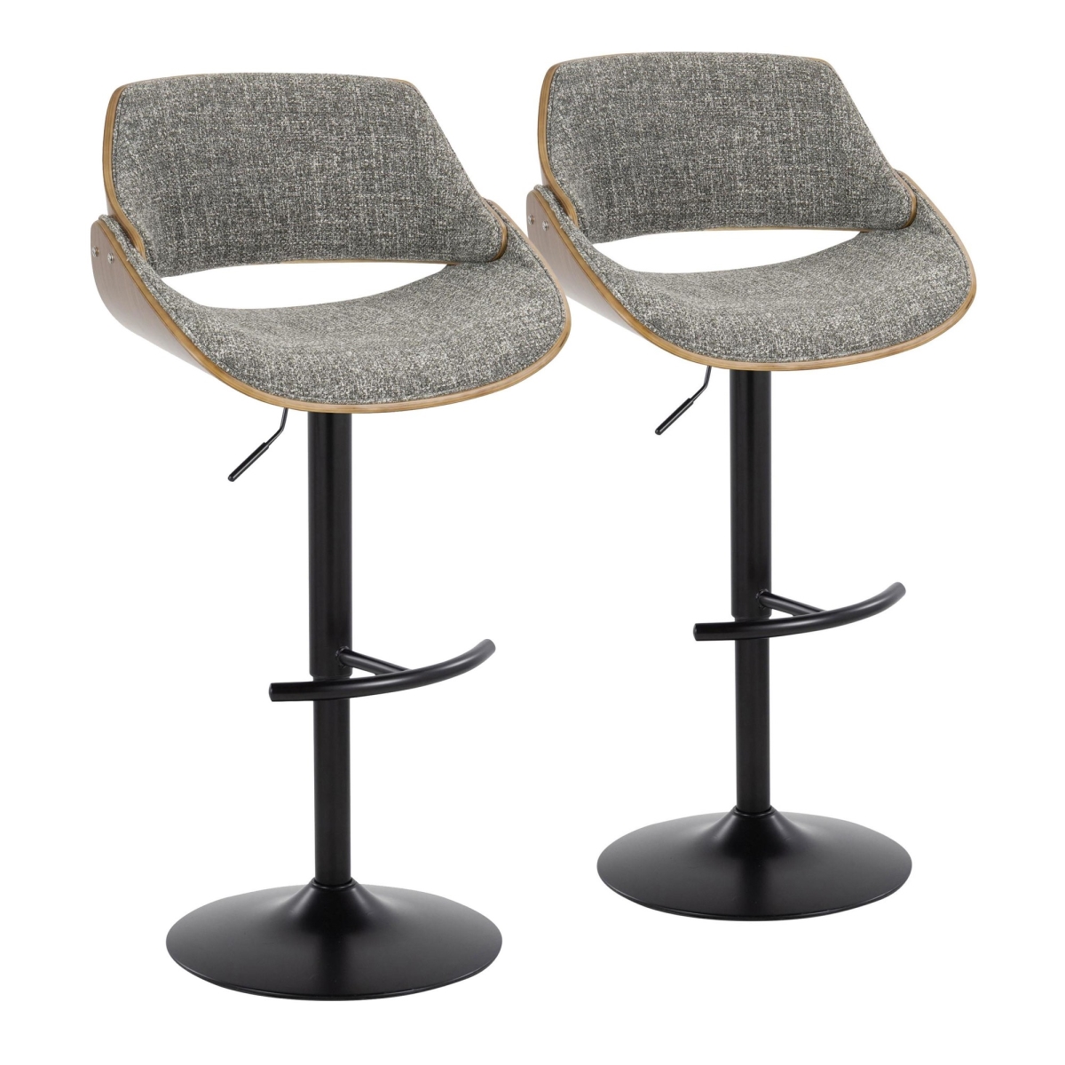 Fabrizzi Mid-Century Modern Adjustable Barstool in Walnut Wood, Black Metal & Noise Grey Fabric with Rounded T Footrest - Set of 2