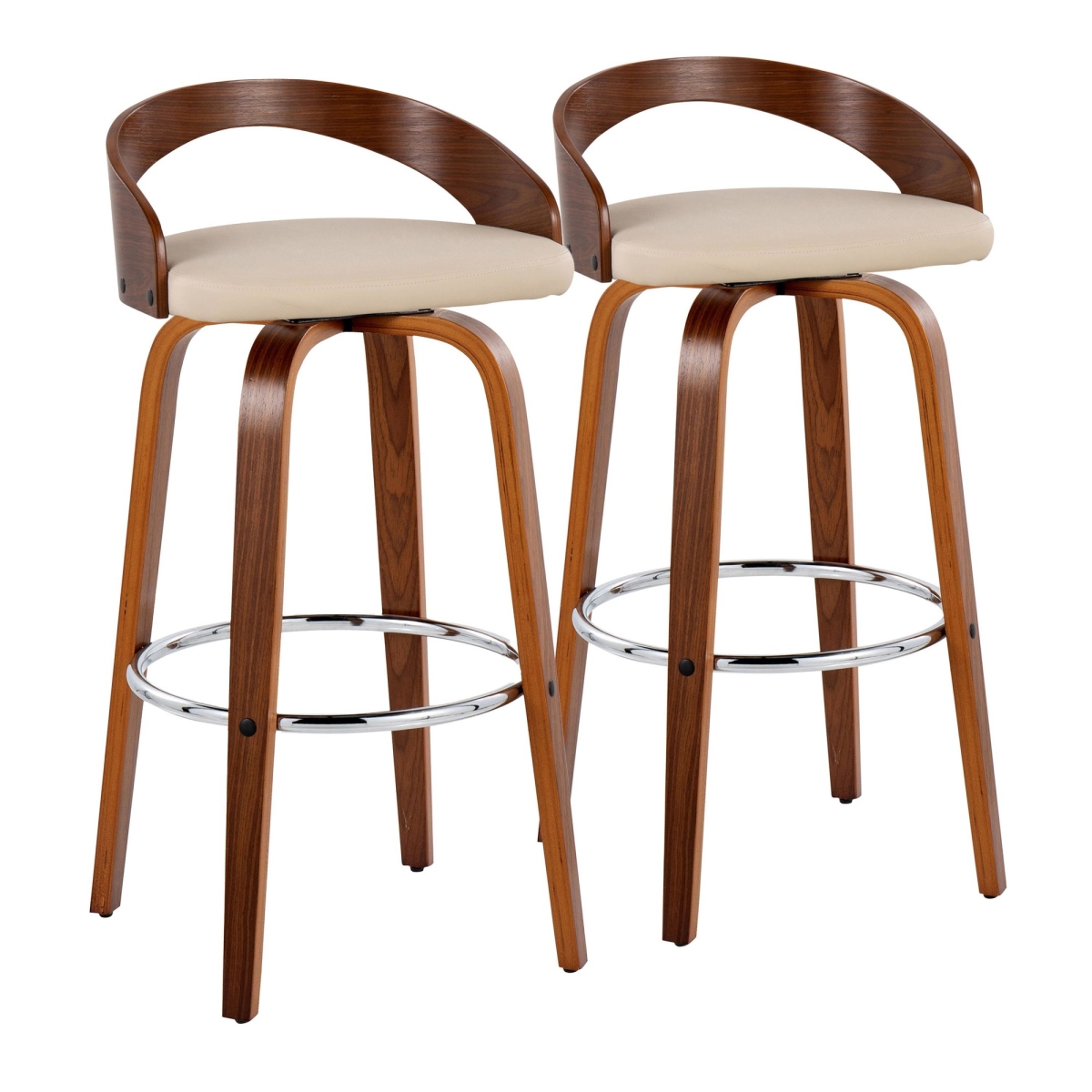 Grotto 30 in. Mid-Century Modern Fixed-Height Barstool with Swivel in Walnut Wood & Cream PU Leather with Round Chrome Metal Footrest - Set of 2