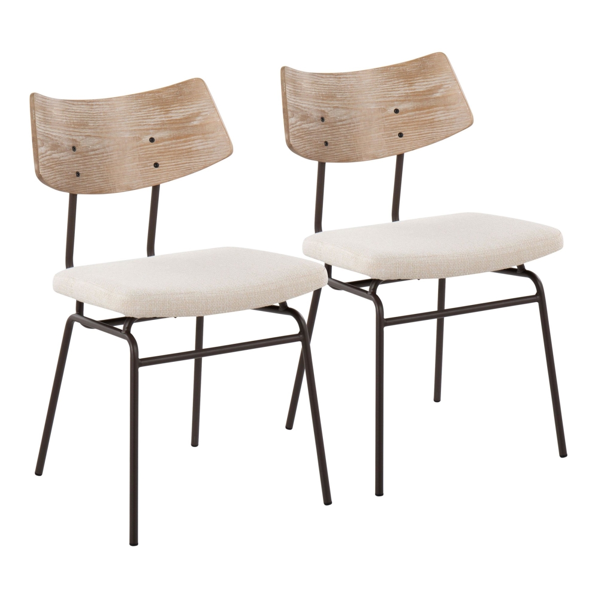 CH-WALKER BNCR2 Walker Mid-Century Modern Chair in Brown Metal, Cream Noise Fabric, & White Washed Wood - Set of 2