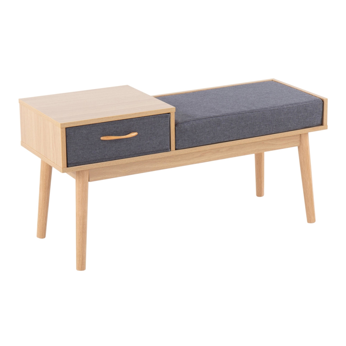 BC-PHONE NAGY Telephone Contemporary Bench in Natural Wood & Grey Fabric with Pull-Out Drawer