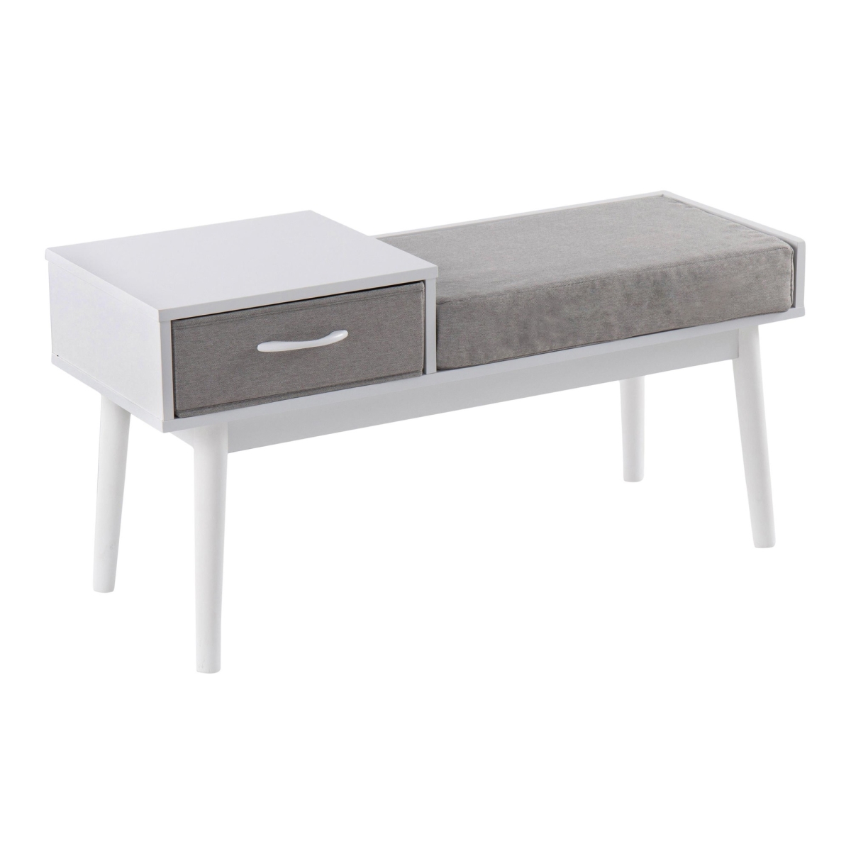 BC-PHONE WGY Telephone Contemporary Bench in White Wood & Grey Fabric with Pull-Out Drawer