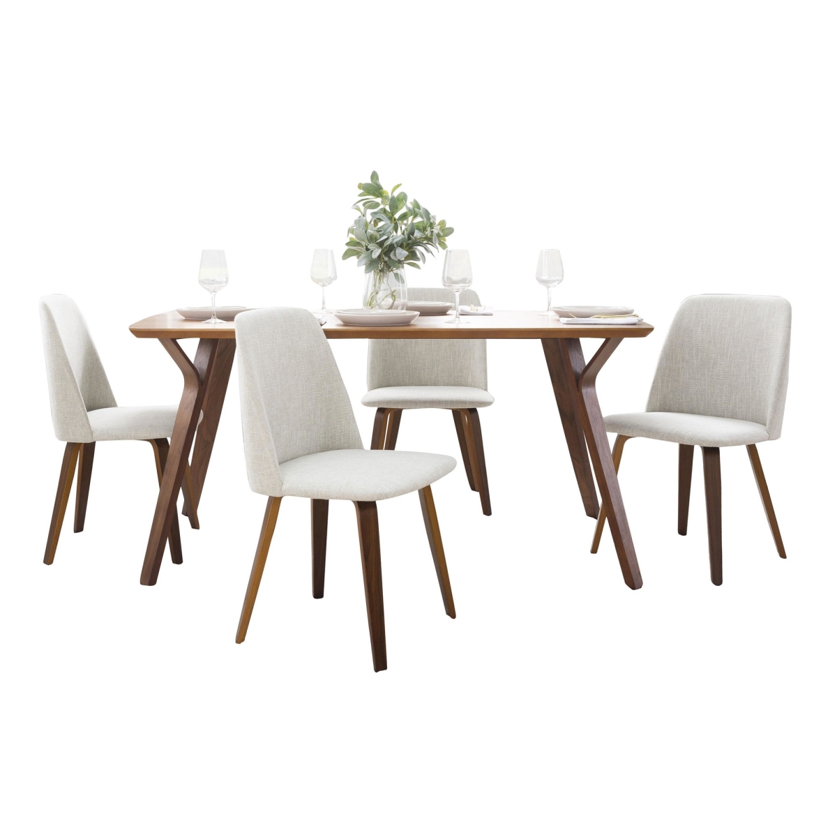 DS5-FOLIAWL-4TRNOFBWLBG Folia-Toriano Mid-Century Modern Dining Set in Walnut Wood & Beige Fabric - 5 Piece