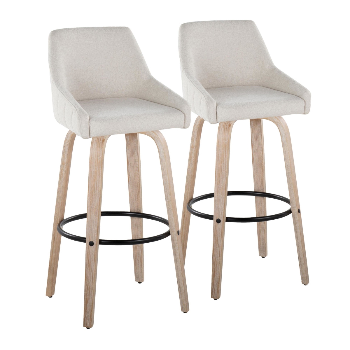Hannah 30 in. Transitional Fixed-Height Barstool with Swivel in Whitewashed Wood & Cream Fabric with Round Black Metal Footrest - Set of 2