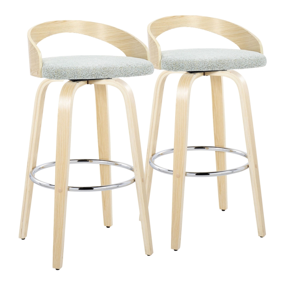Grotto 30 in. Contemporary Fixed-Height Barstool with Swivel in Natural Wood & Light Green Fabric with Round Chrome Metal Footrest - Set of 2 -  Lumisource, B30-GROTTOFB-GRTZR2 NANALGN2