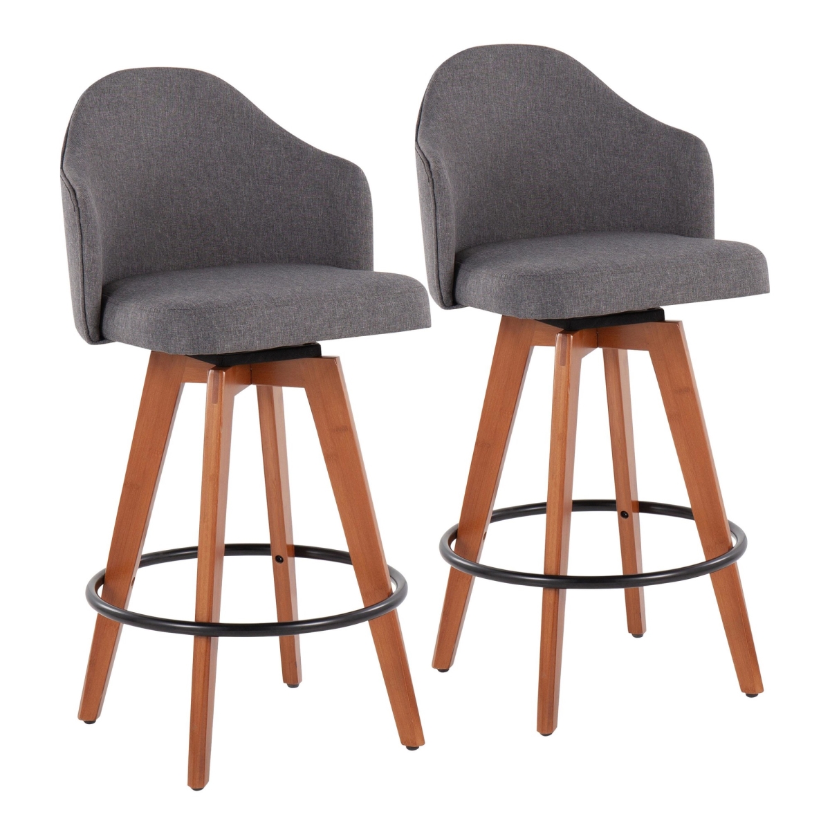 Ahoy Contemporary Fixed-Height Counter Stool with Walnut Bamboo Legs & Round Black Metal Footrest with Grey Fabric Seat - Set of 2
