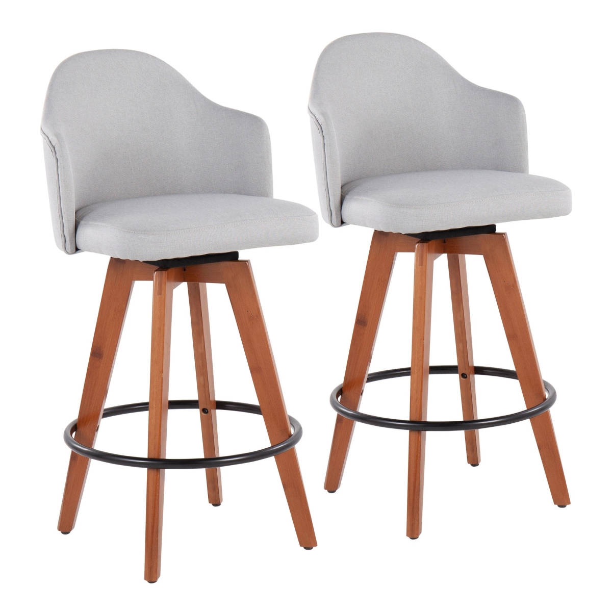Ahoy Contemporary Fixed-Height Counter Stool with Walnut Bamboo Legs & Round Black Metal Footrest with Light Grey Fabric Seat - Set of 2