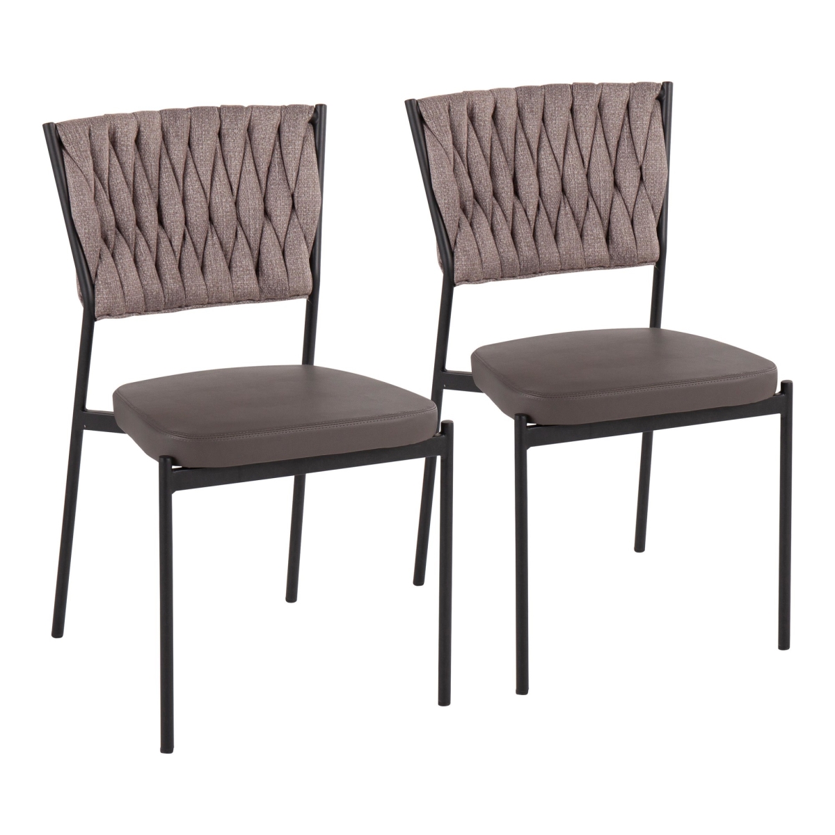 CH-BRAIDTANIA BKGYLBN2 Braided Tania Contemporary Chair in Black Metal, Grey PU Leather, & Light Brown Fabric - Set of 2