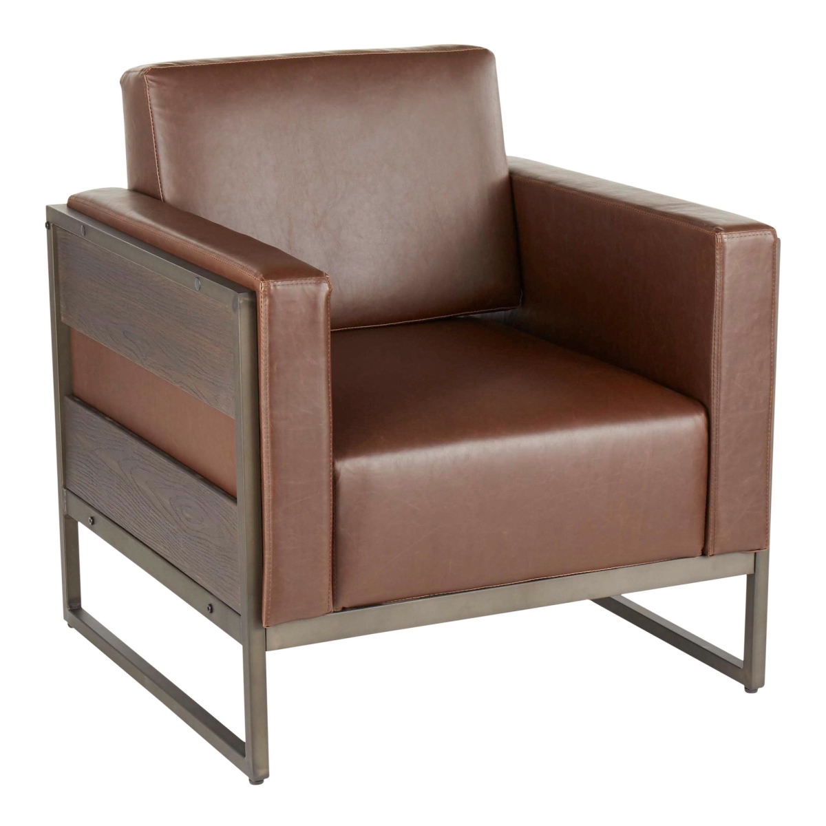 CHR-DRIFT2 ANBN Drift Industrial Lounge Chair in Antique Metal with Brown PU Leather & Espresso Wood