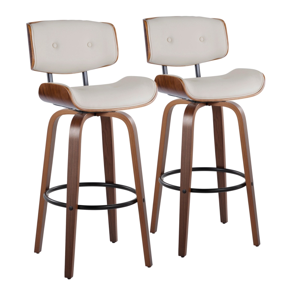 Lombardi 30 in. Mid-Century Modern Fixed-Height Barstool with Swivel in Walnut Wood & Cream PU Leather with Round Black Metal Footrest - Set of 2
