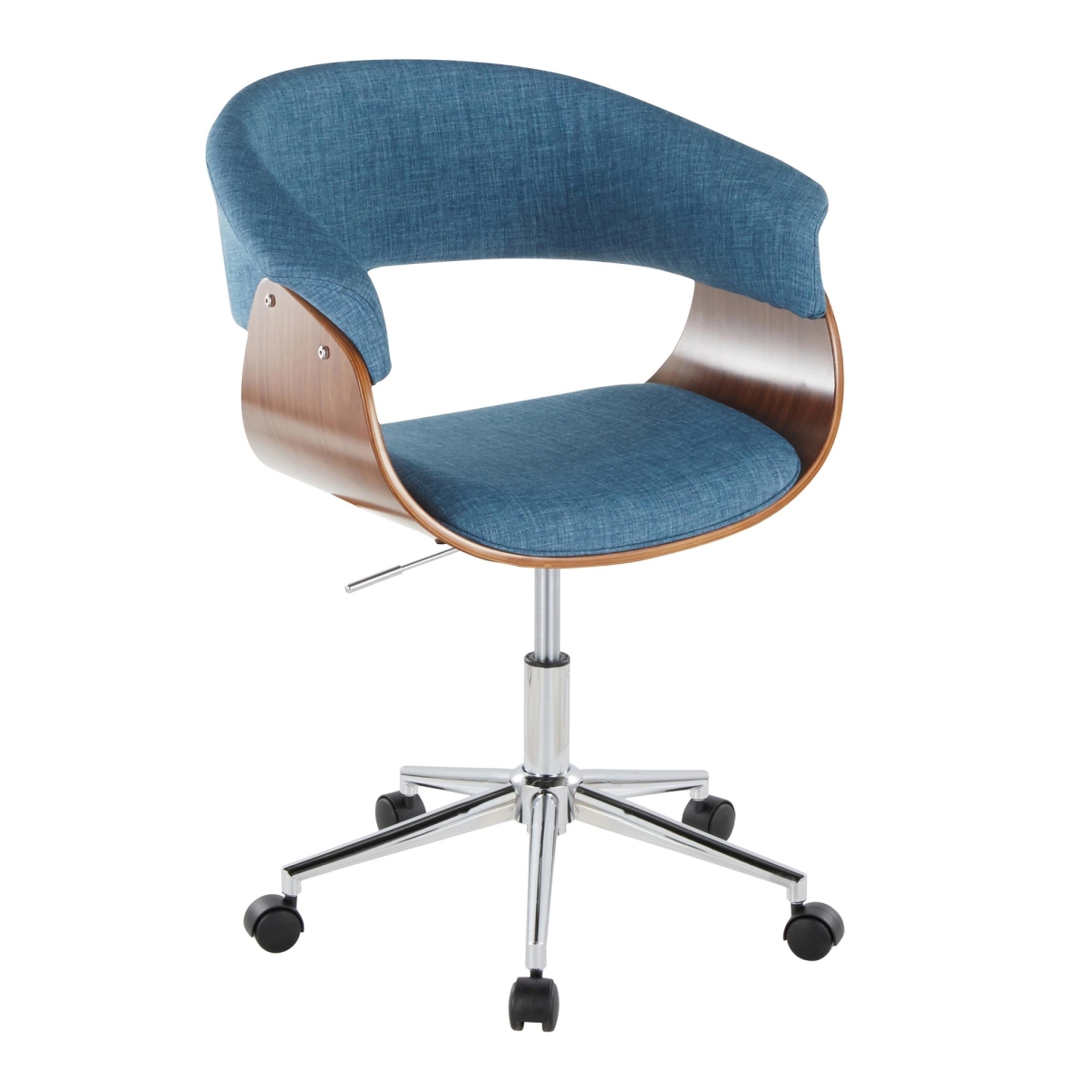 OC-VMOFB1 CHRWLBU1 Vintage Mod Mid-Century Modern Office Chair in Chrome Metal, Walnut Wood & Blue Fabric