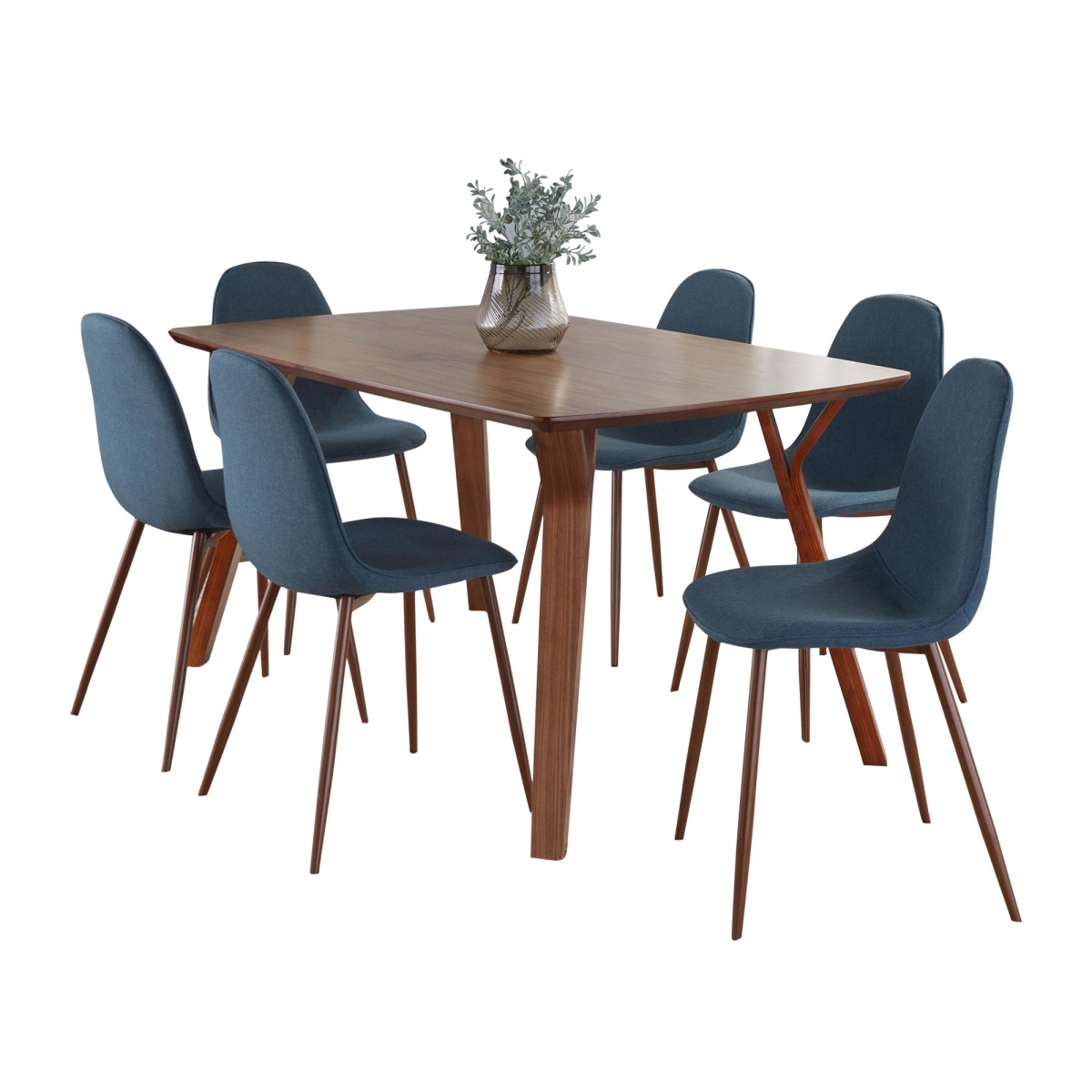 DS7-FOLIAWL-6PEBWLBU Folia Pebble Mid-Century Modern Dining Set in Walnut Wood, Walnut Metal & Blue Fabric - 7 Piece