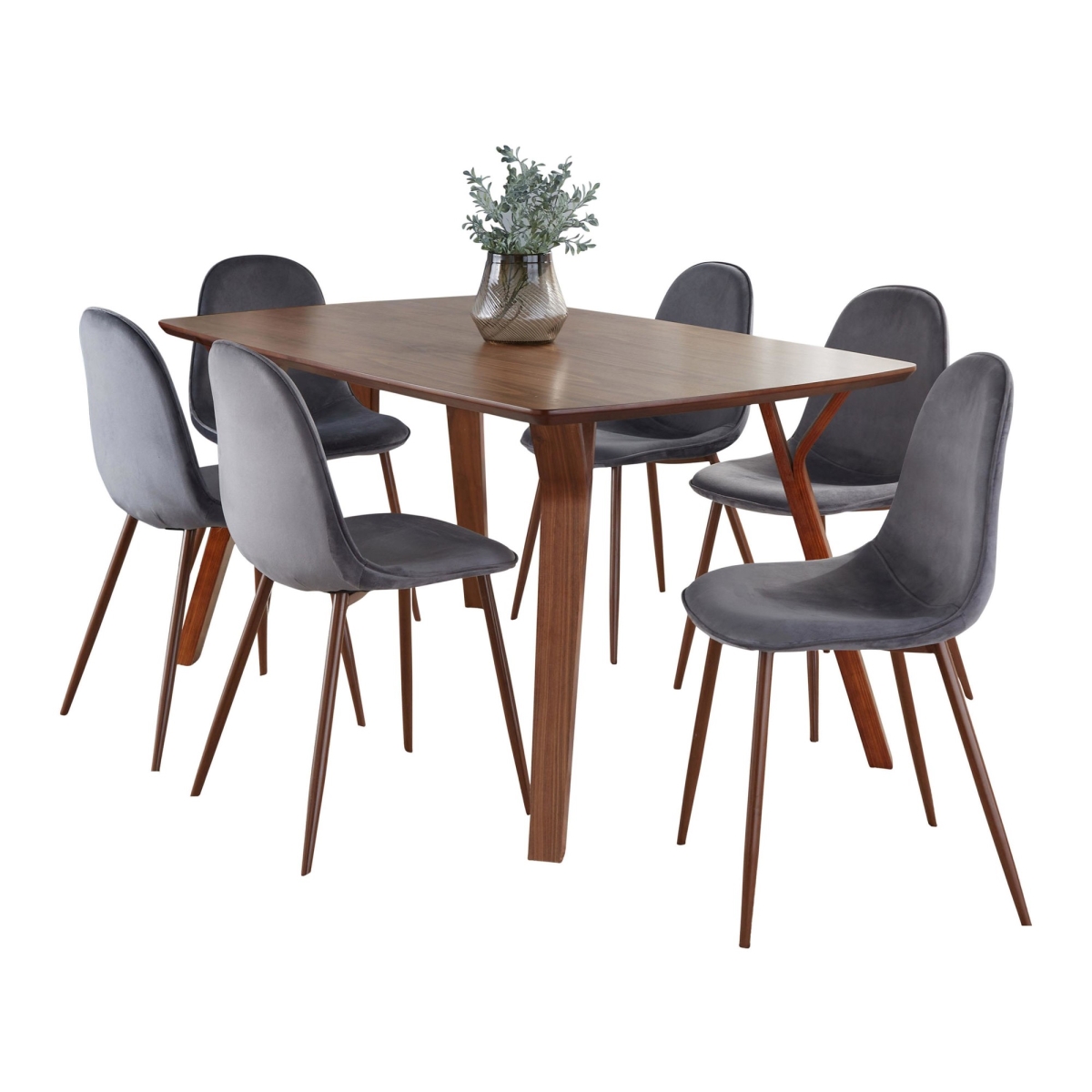 DS7-FOLIAWL-6PEBWLVGY Folia Pebble Mid-Century Modern Dining Set in Walnut Wood, Walnut Metal & Grey Velvet - 7 Piece