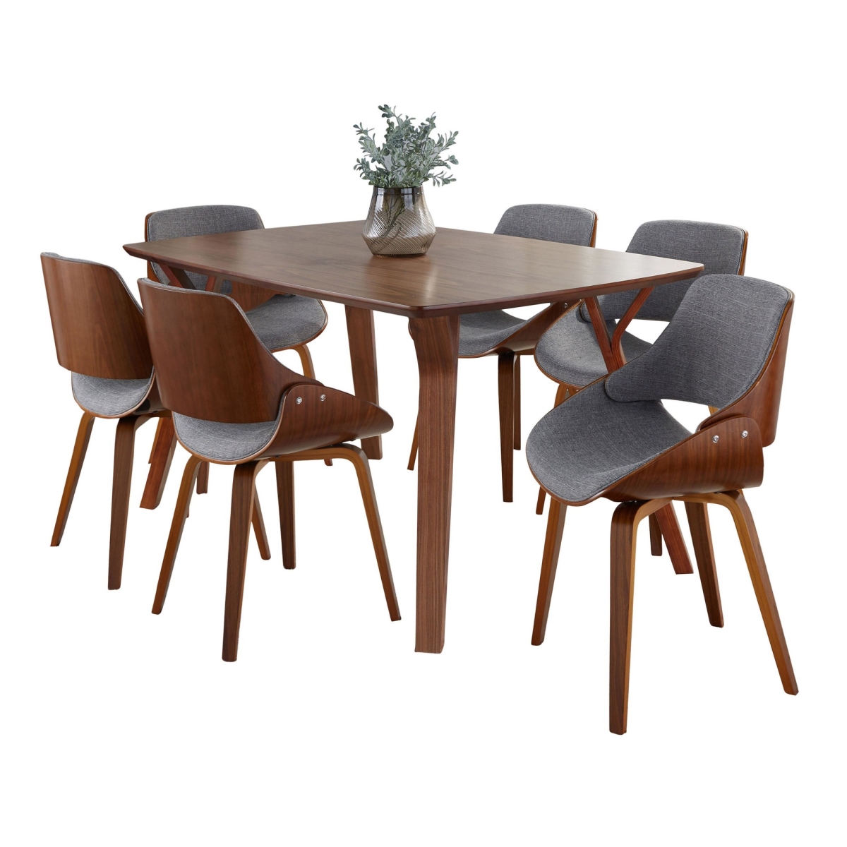 DS7-FOLIAWL-6FBZZWLGY Folia Fabrizzi Mid-Century Modern Dining Set in Walnut Wood & Grey Fabric - 7 Piece