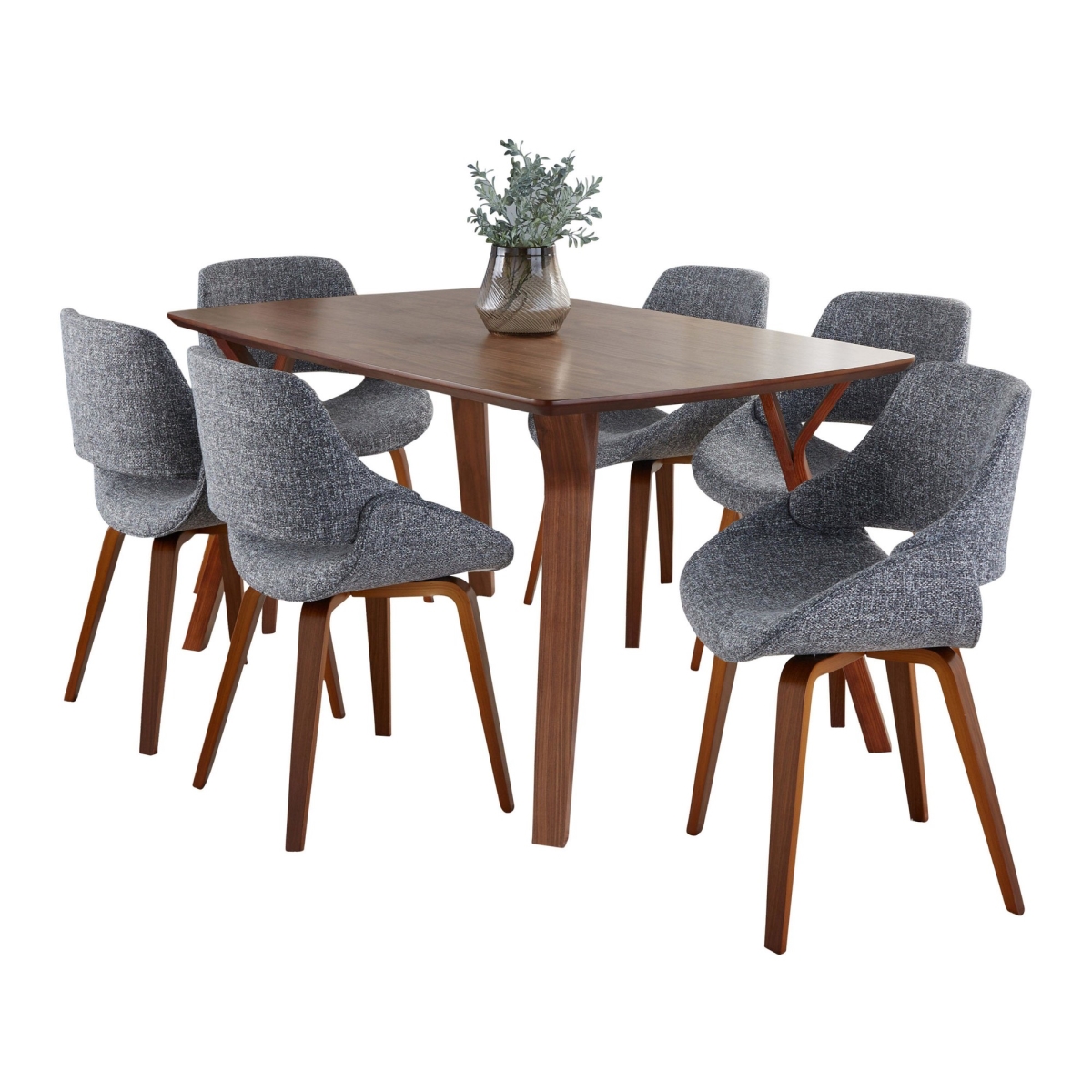 DS7-FOLIAWL-6FBCOWLGY Folia Fabrico Mid-Century Modern Dining Set in Walnut Wood & Grey Noise Fabric - 7 Piece