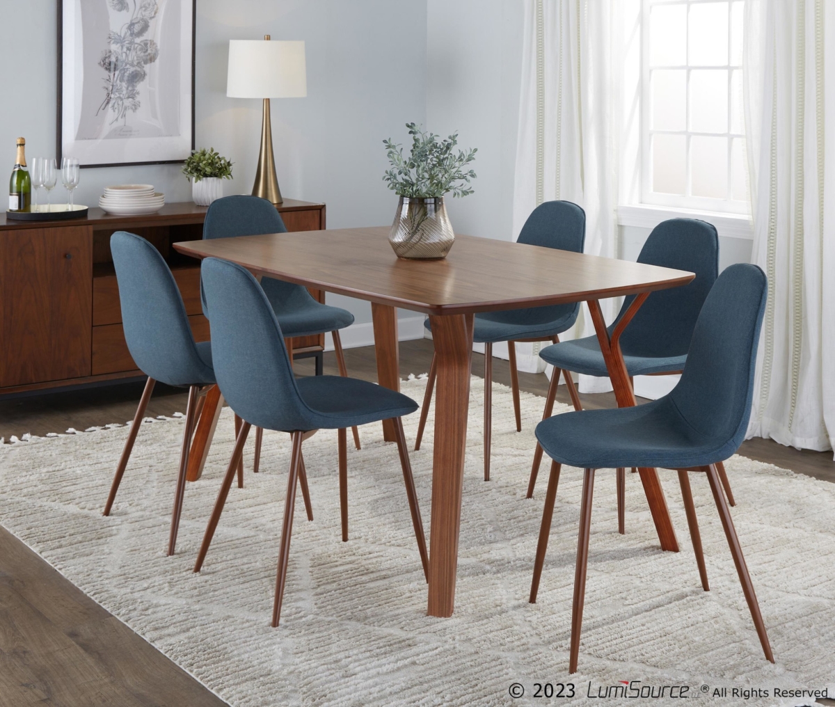 DS7-FOLIAWLCL-6PEBWLBU Folia Pebble Mid-Century Modern Dining Set in Walnut Wood, Clear Tempered Glass, Walnut Metal & Blue Fabric - 7 Piece