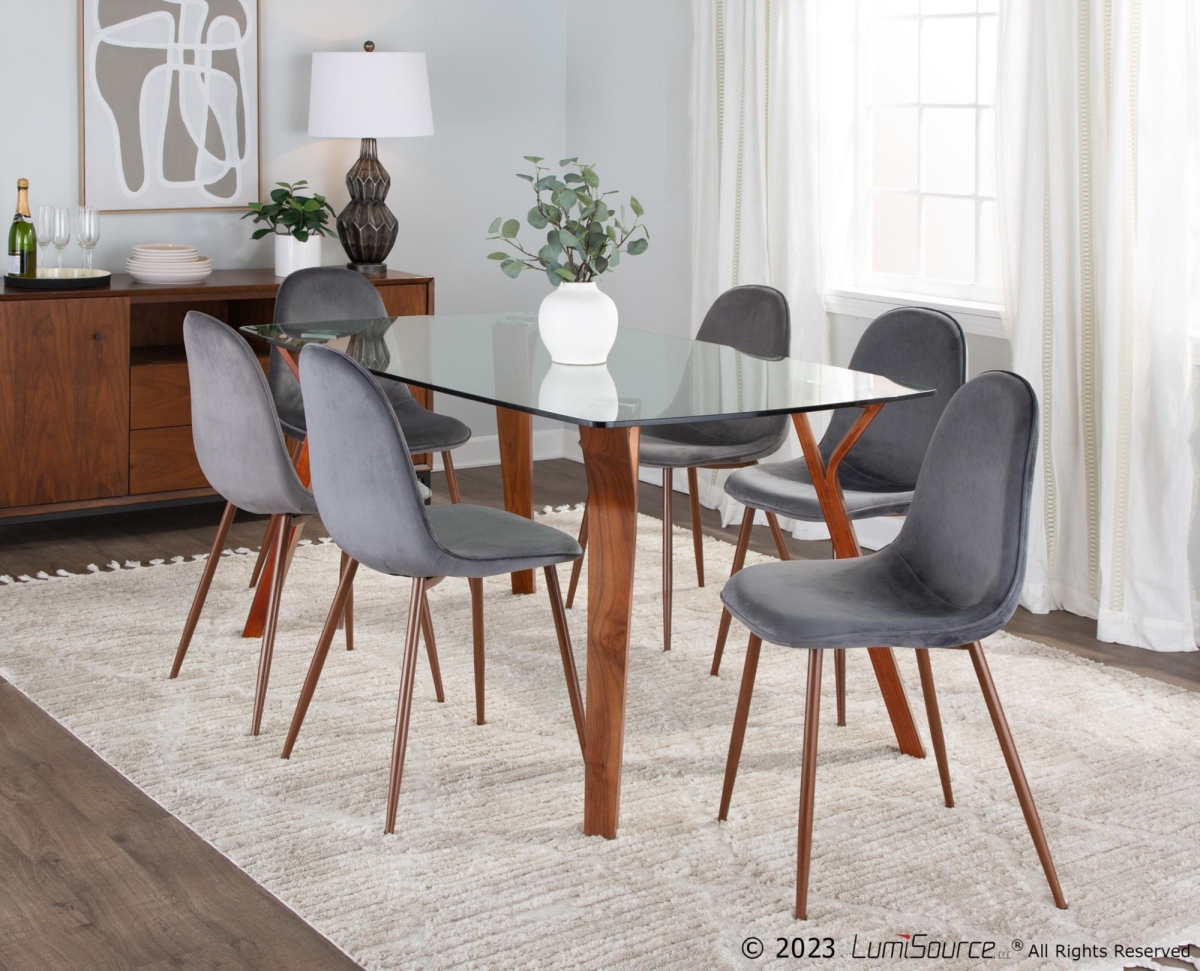 DS7-FOLIAWLCL-6PEBWLVGY Folia Pebble Mid-Century Modern Dining Set in Walnut Wood, Clear Tempered Glass, Walnut Metal & Grey Velvet - 7 Piece