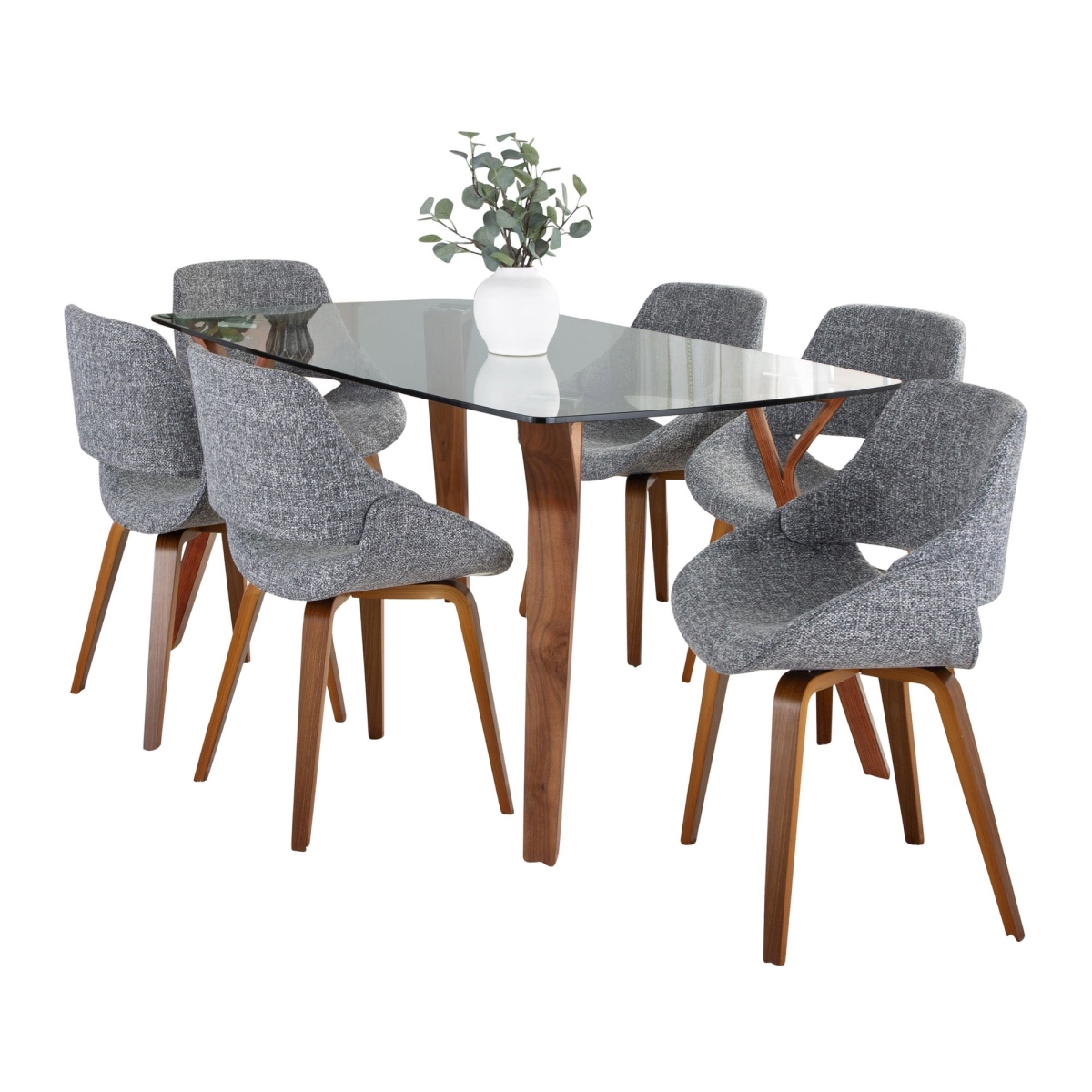 DS7-FOLIAWLCL-6FBCOWLGY Folia Fabrico Mid-Century Modern Dining Set in Walnut Wood, Clear Tempered Glass & Grey Fabric - 7 Piece