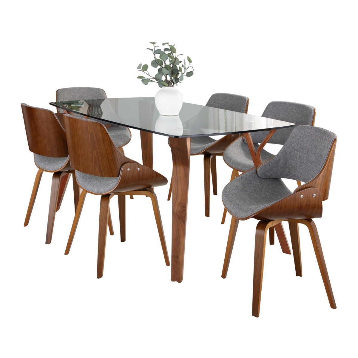 DS7-FOLIAWLCL-6FBZZWLGY Folia Fabrizzi Mid-Century Modern Dining Set in Walnut Wood, Clear Tempered Glass & Grey Fabric - 7 Piece